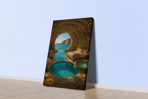 ai creation, hotel room inside the cave and sea view model 1, ai art, art, kanvas tablo
