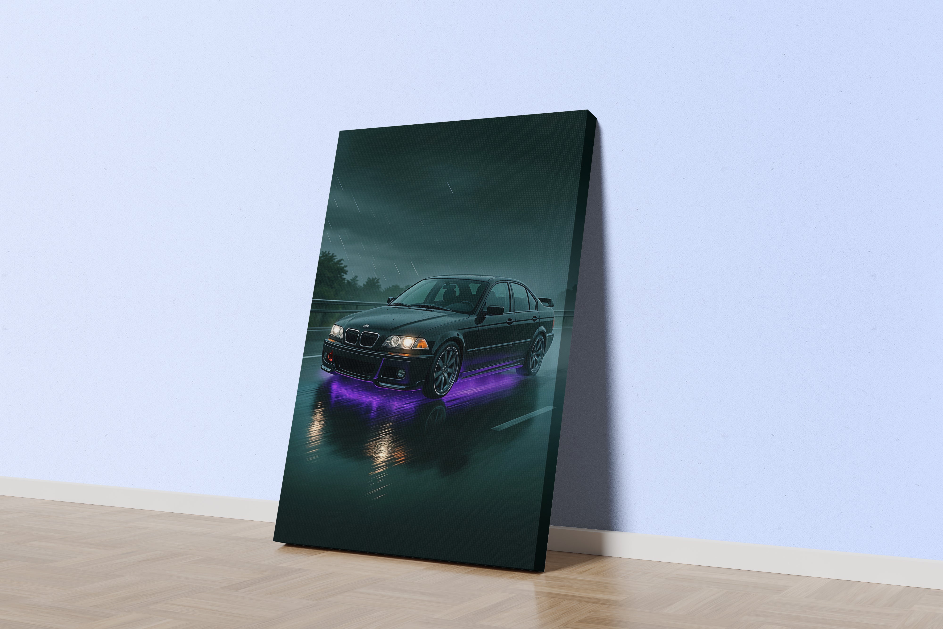 ai creation, car with purple neon lights coming out from underneath, ai art, art, kanvas tablo