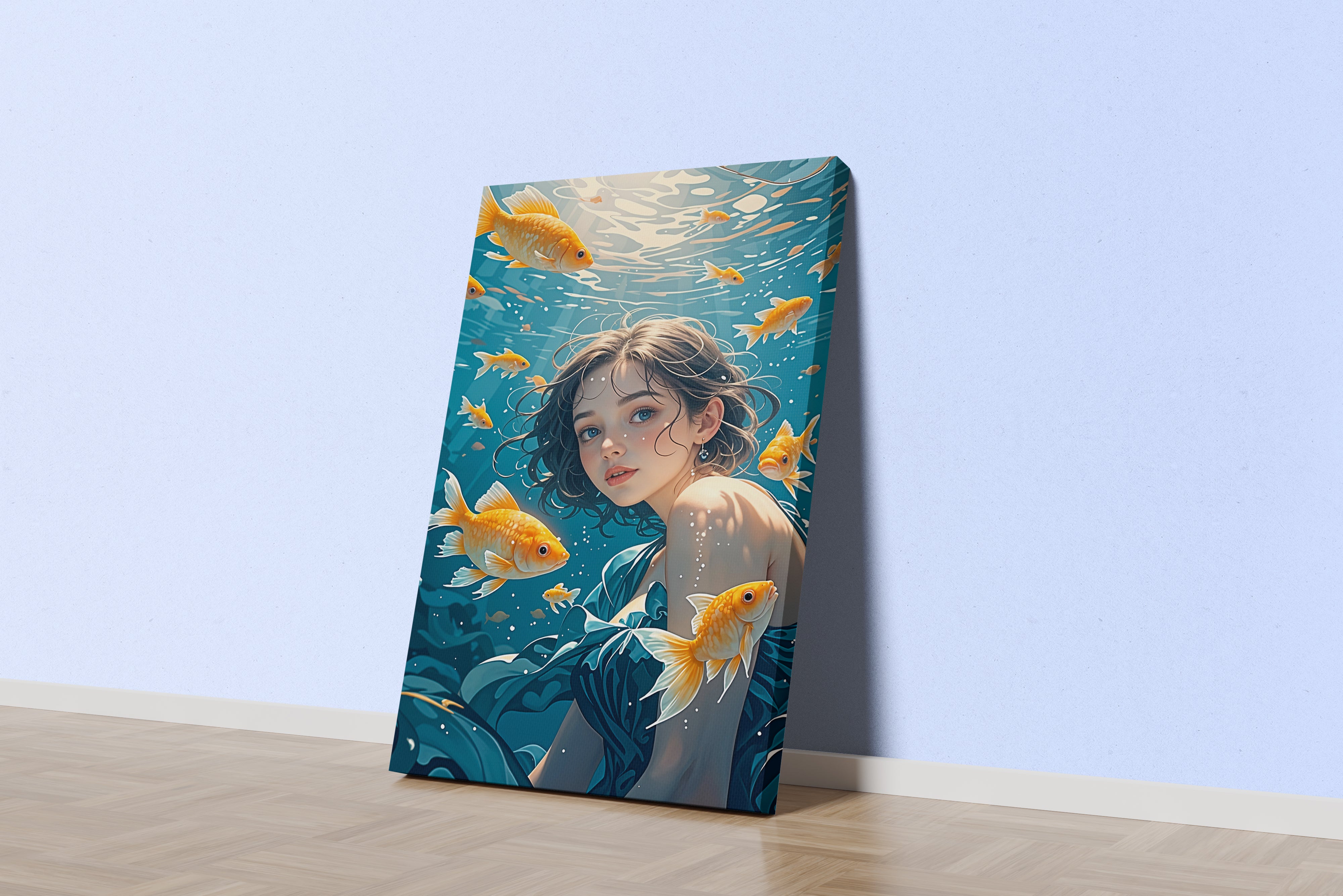 ai creation, girl swimming in the sea with goldfish, ai art, art, kanvas tablo