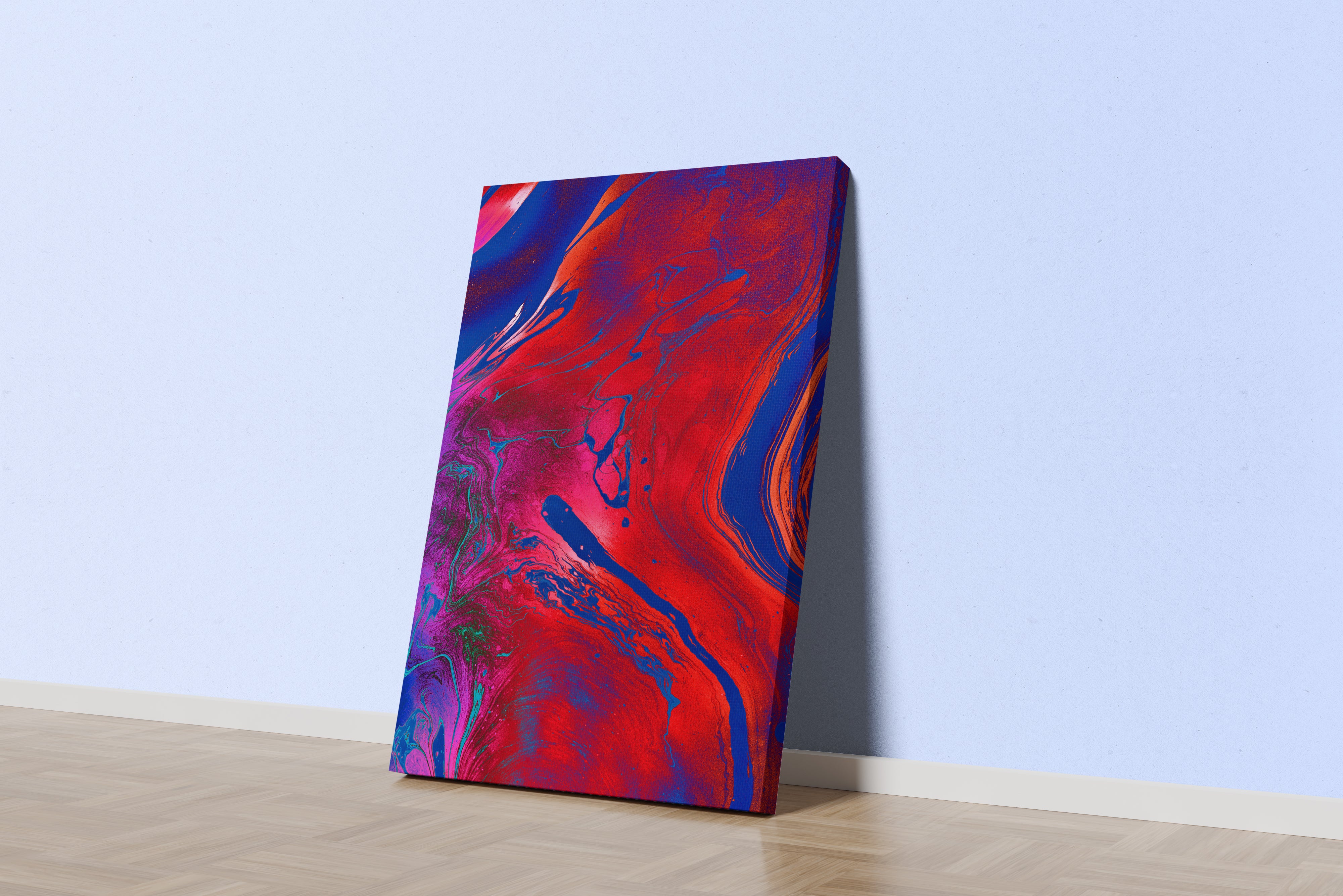 a vibrant and intense abstract fluid art painting with swirls of red and blue, abstract, art, kanvas tablo