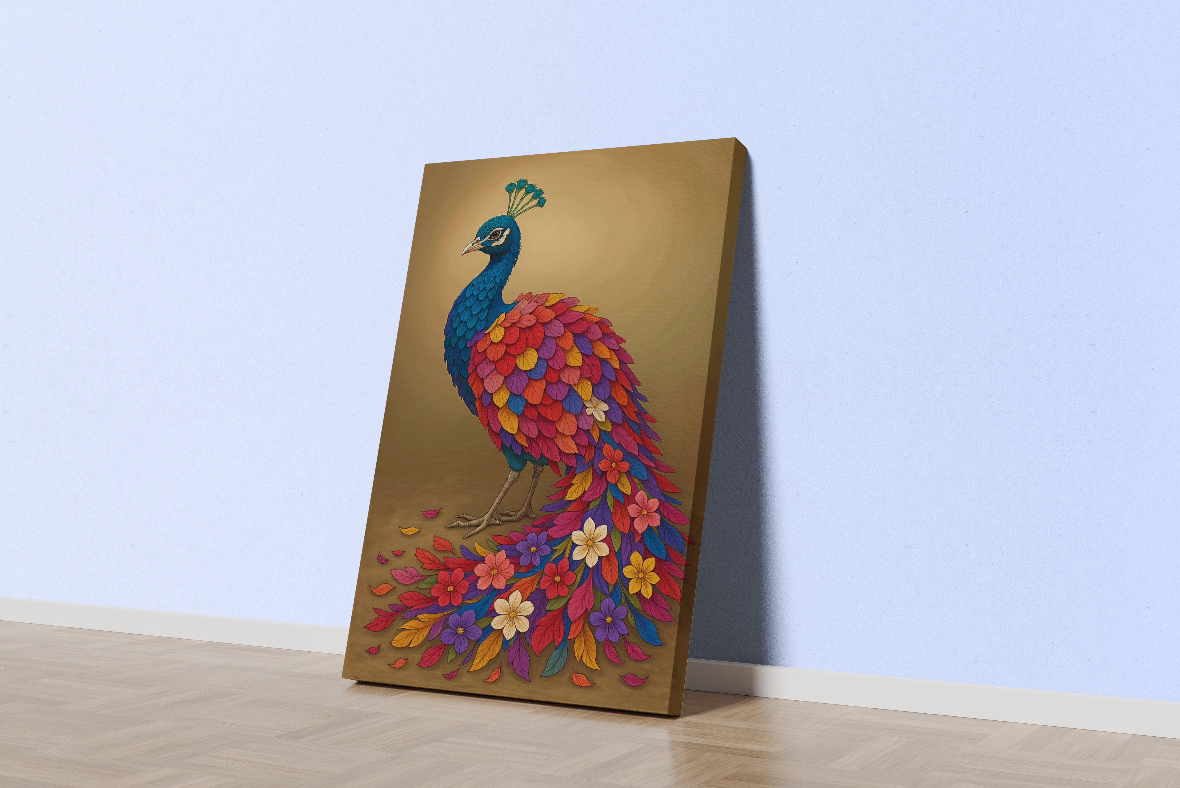 ai creation, colorful peacock adorned with flower motifs, ai art, art, kanvas tablo