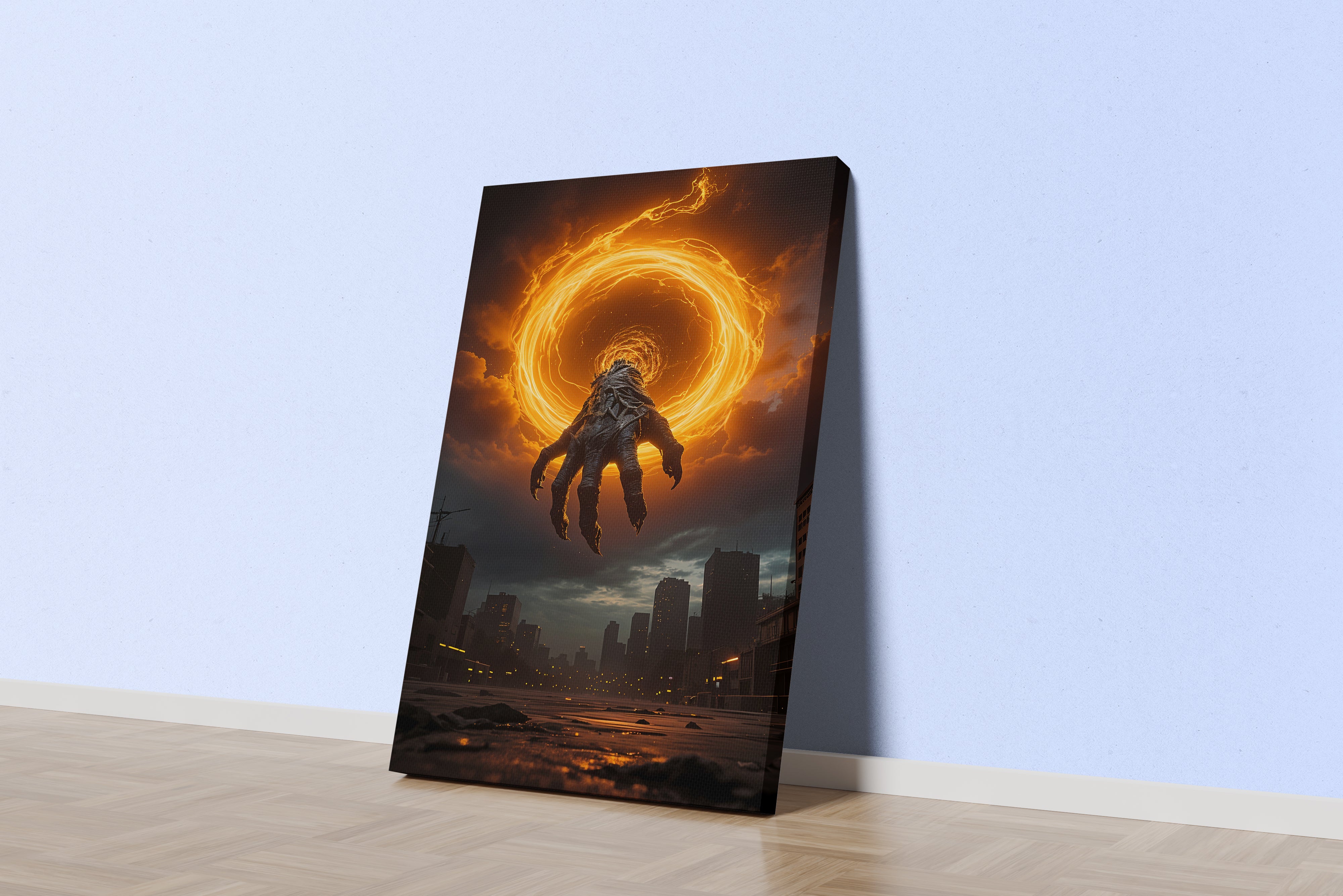 ai creation, a giant monster hand emerges from a fiery portal over a city, ai art, art, kanvas tablo