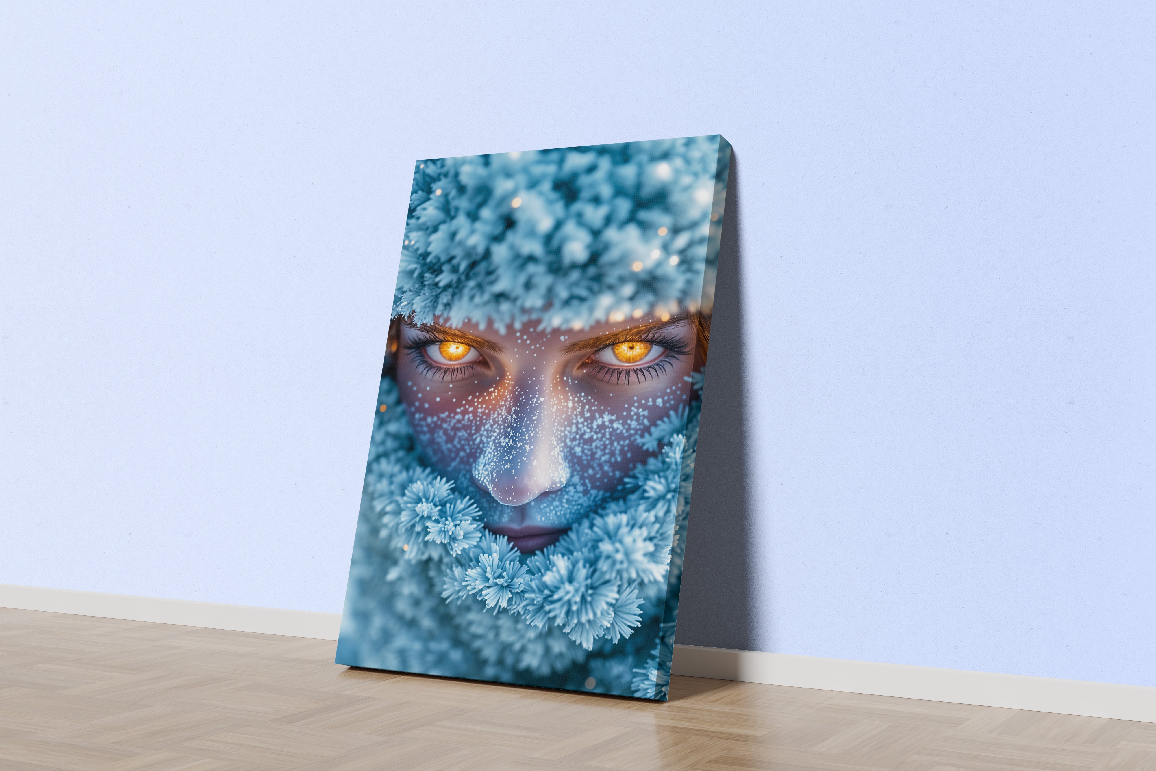 ai creation, a fantasy woman with fiery glowing eyes, her face covered in sparkling frost, ai art, art, kanvas tablo