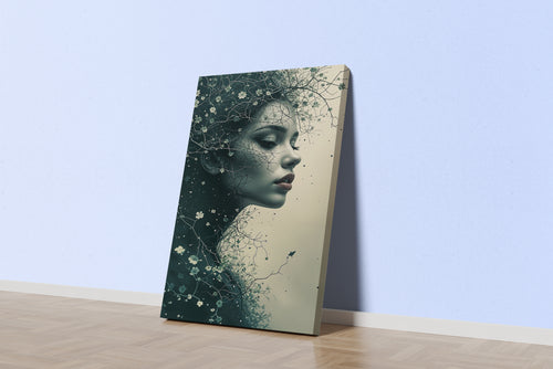 ai creation, a woman's profile dissolving into dark branches with tiny white flowers, ai art, art, kanvas tablo