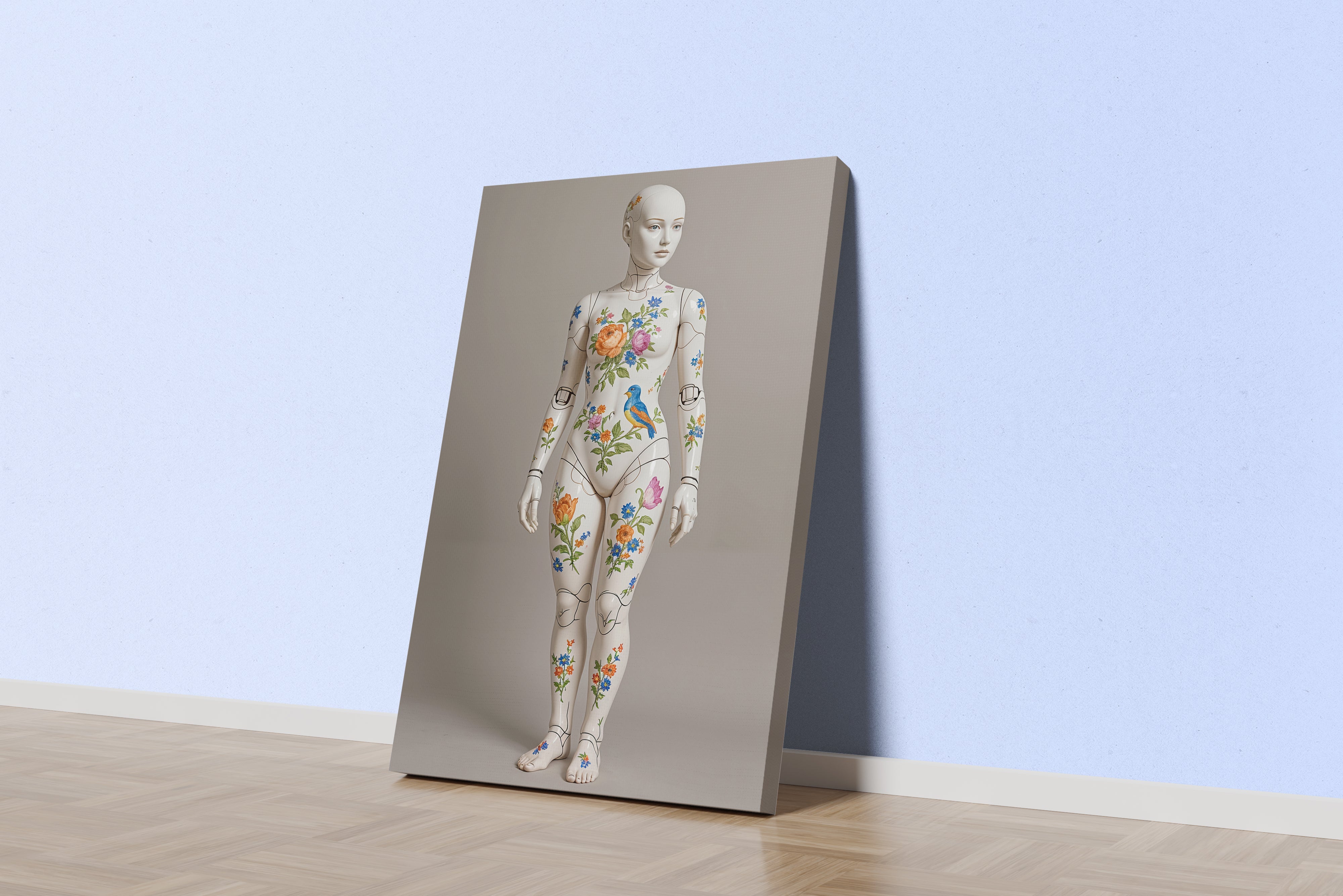ai creation, a ball-jointed porcelain doll painted with vintage flowers and a small bird, ai art, art, kanvas tablo