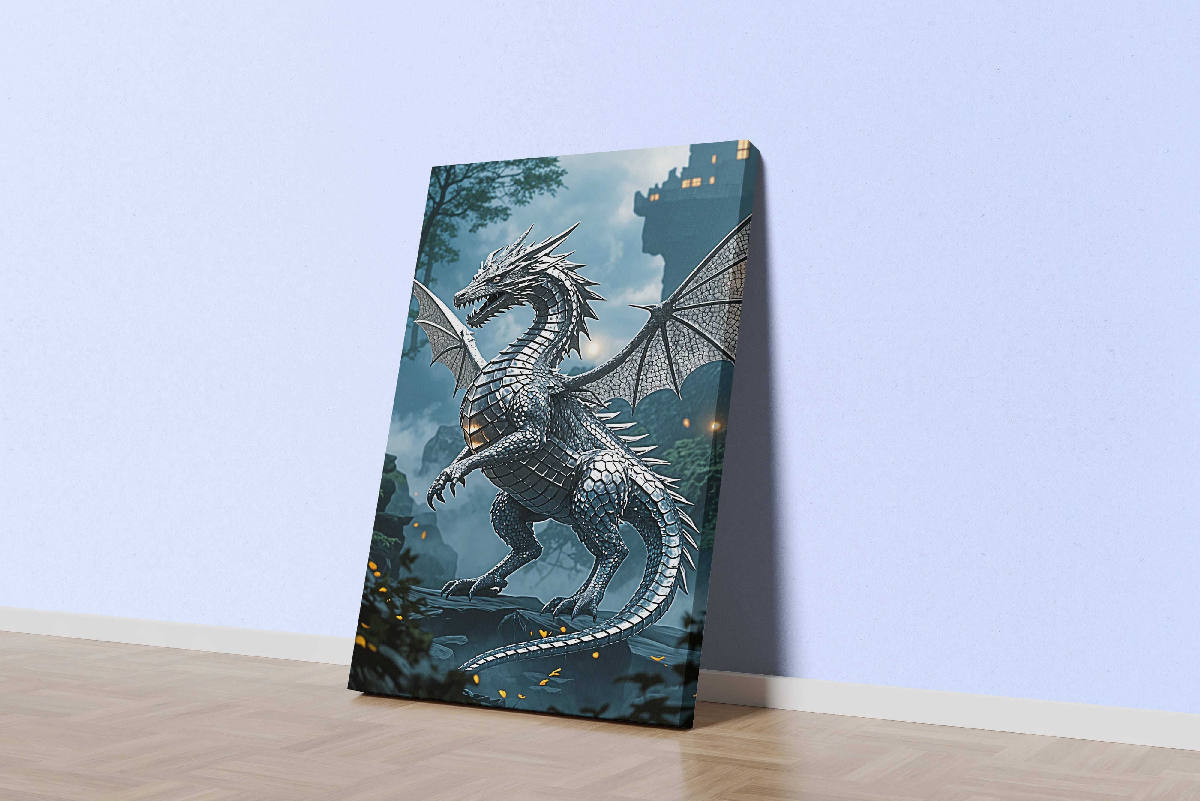 ai creation, silver plated dragon, dark themed, ai art, art, kanvas tablo
