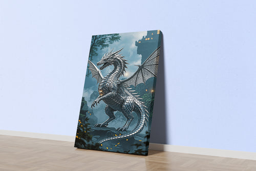 ai creation, silver plated dragon, dark themed, ai art, art, kanvas tablo