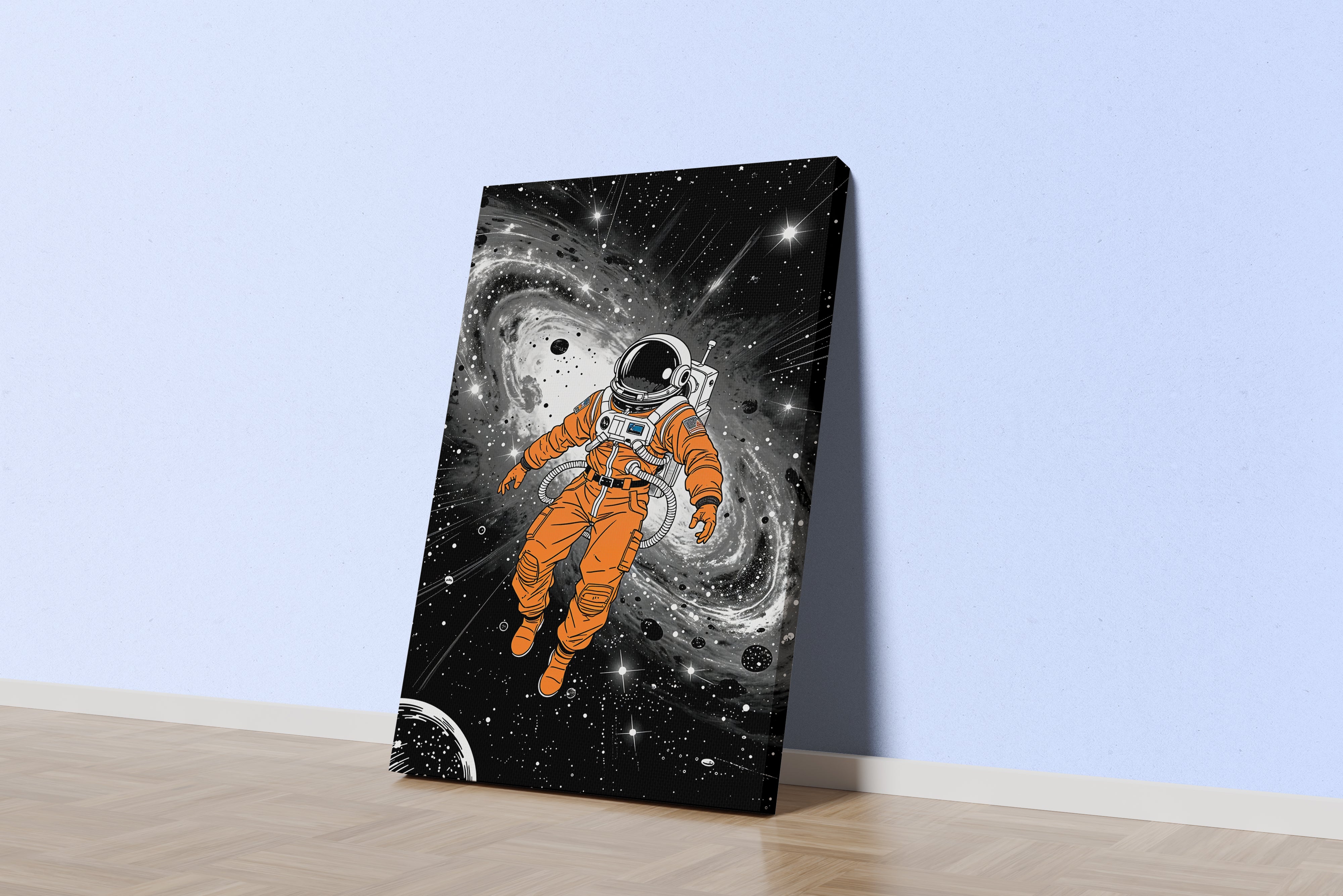 ai creation, astronaut in orange spacesuit stuck in space, ai art, art, kanvas tablo