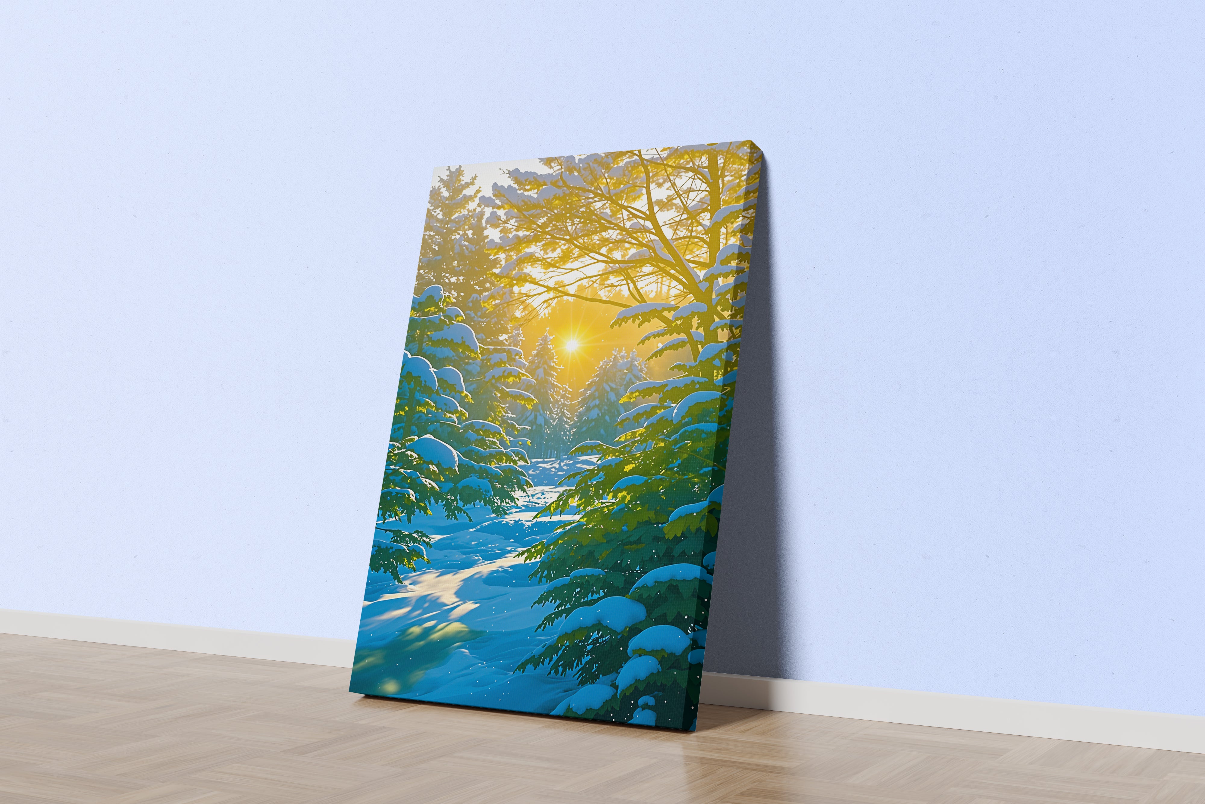 ai creation, sun filtering through the snow covered forest, ai art, art, kanvas tablo