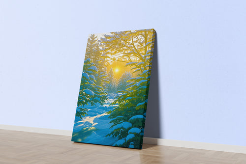 ai creation, sun filtering through the snow covered forest, ai art, art, kanvas tablo