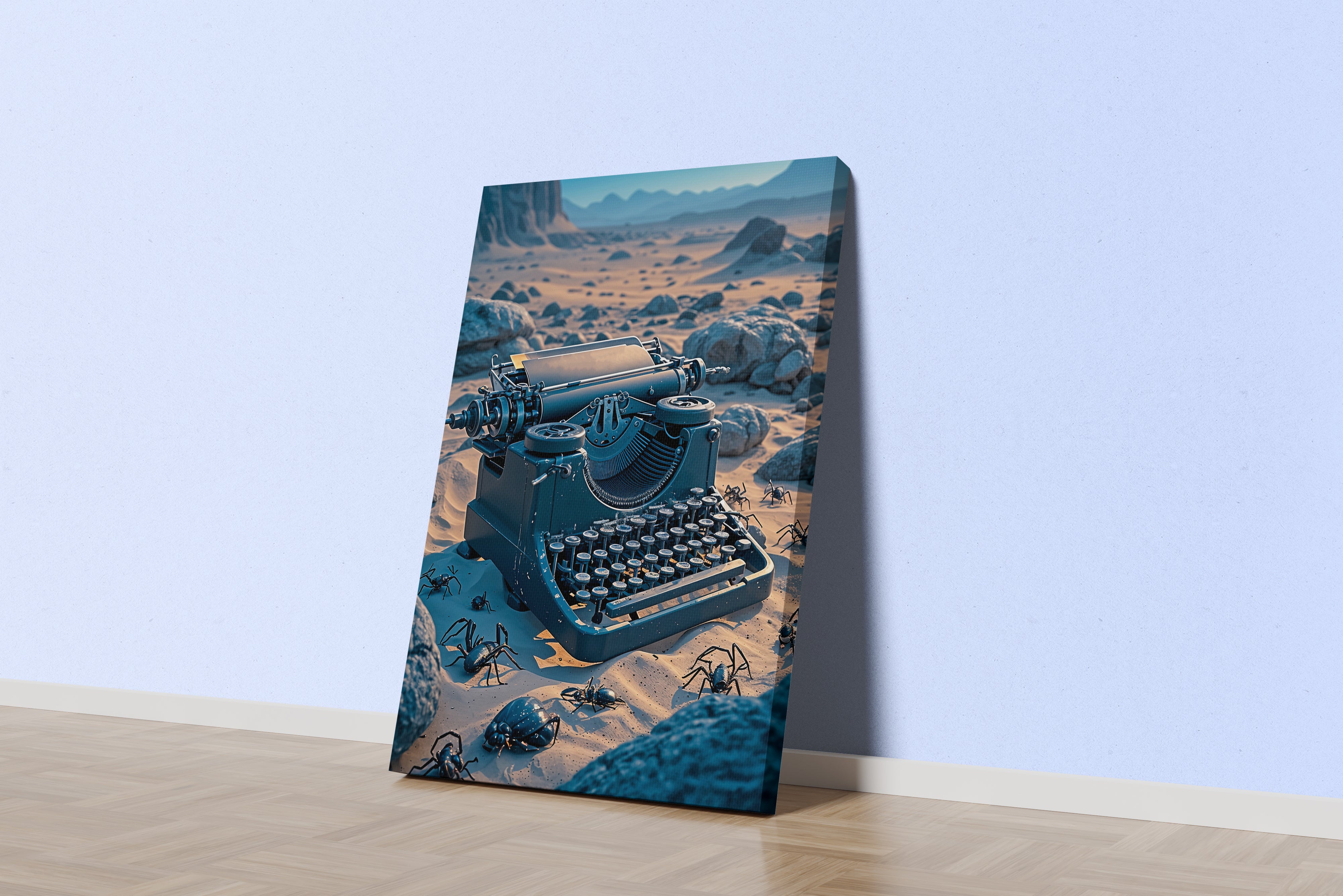 ai creation, a typewriter stuck in the desert among insects, ai art, art, kanvas tablo