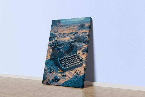 ai creation, a typewriter stuck in the desert among insects, ai art, art, kanvas tablo