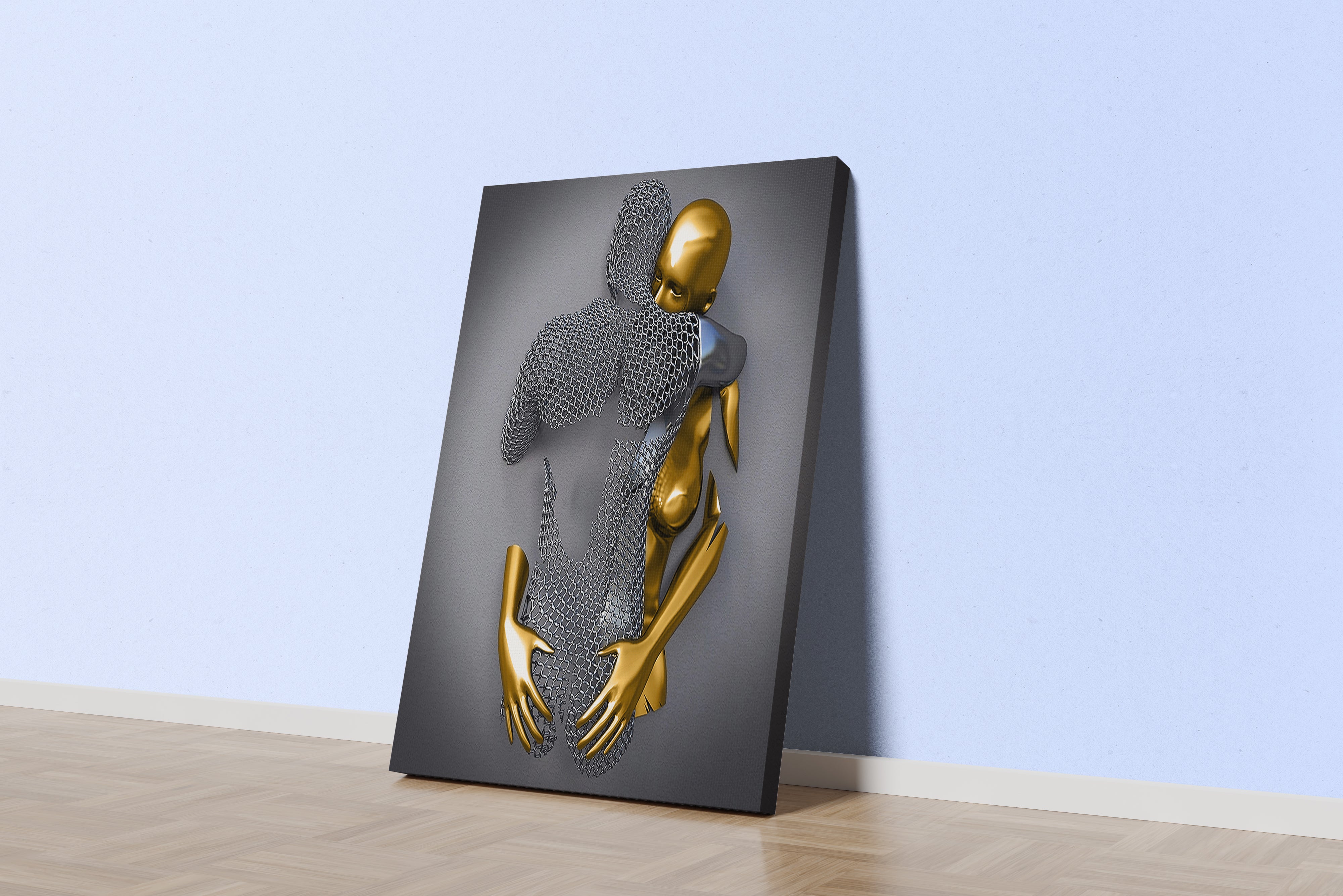 a silver mesh mother figure protectively embracing her small golden child model 3, art, kanvas tablo
