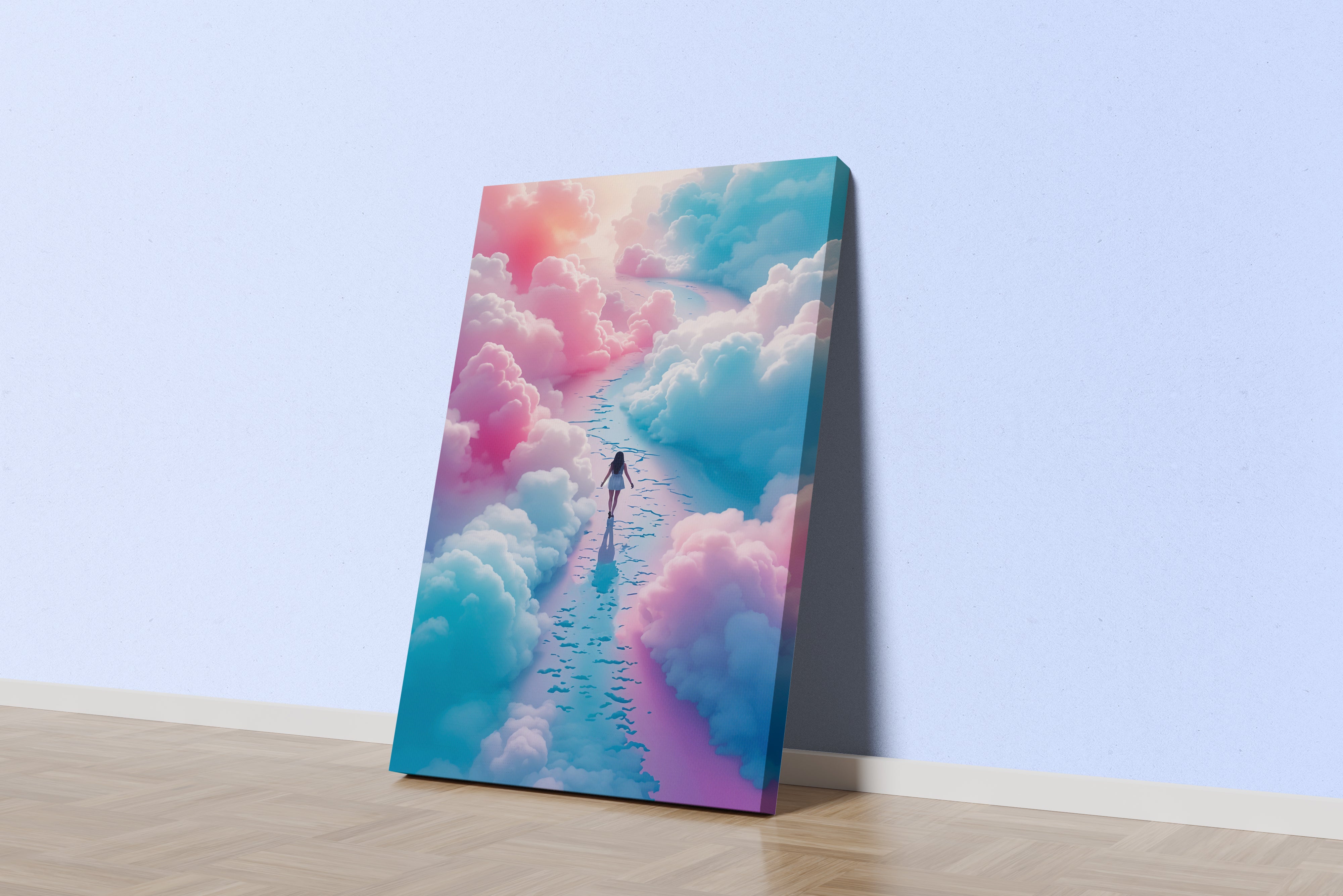 ai creation, woman walking among blue and pink clouds, ai art, art, kanvas tablo