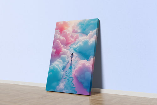 ai creation, woman walking among blue and pink clouds, ai art, art, kanvas tablo