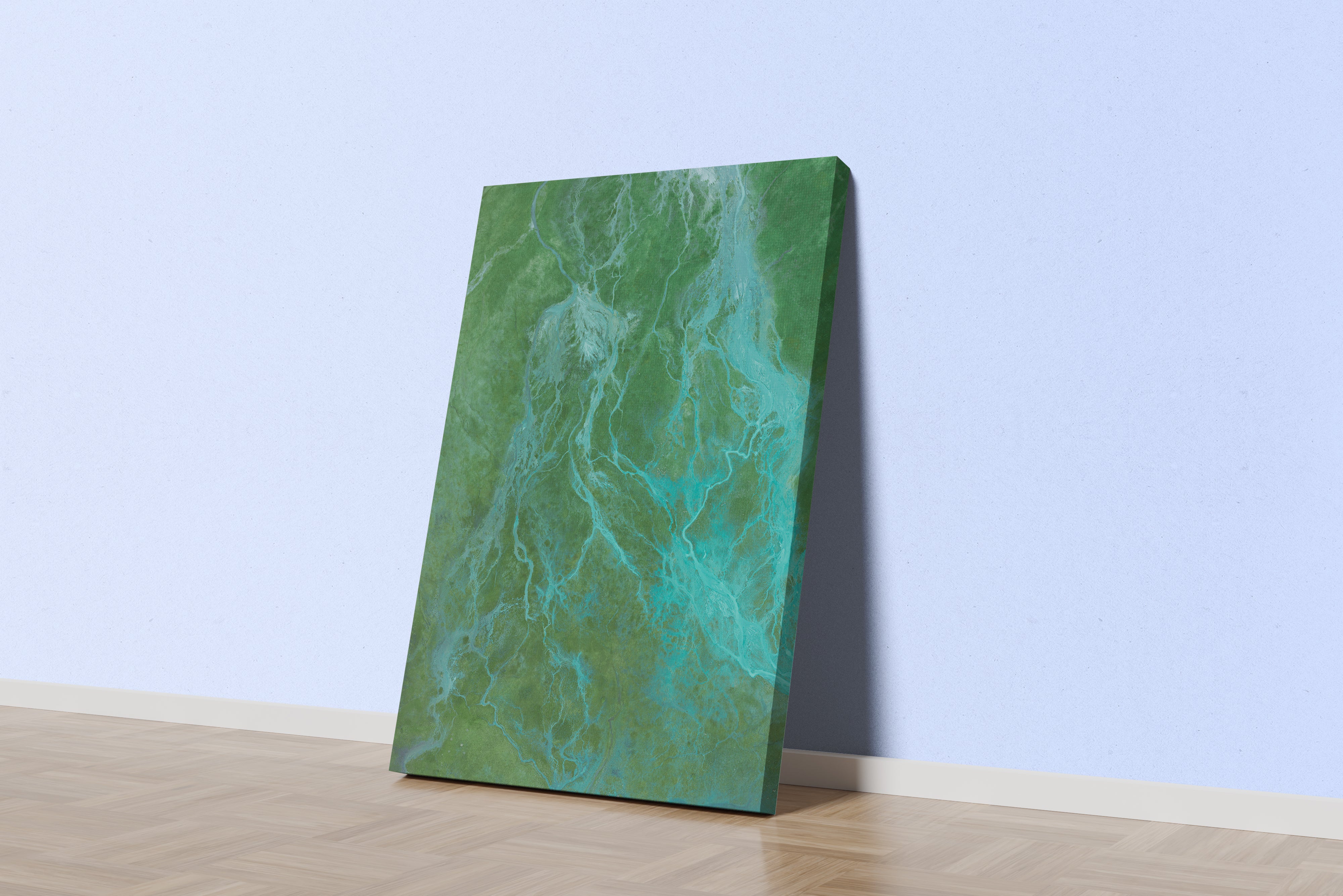 an aerial top-down view of a turquoise glacial river delta in a green landscape, abstract, art, kanvas tablo