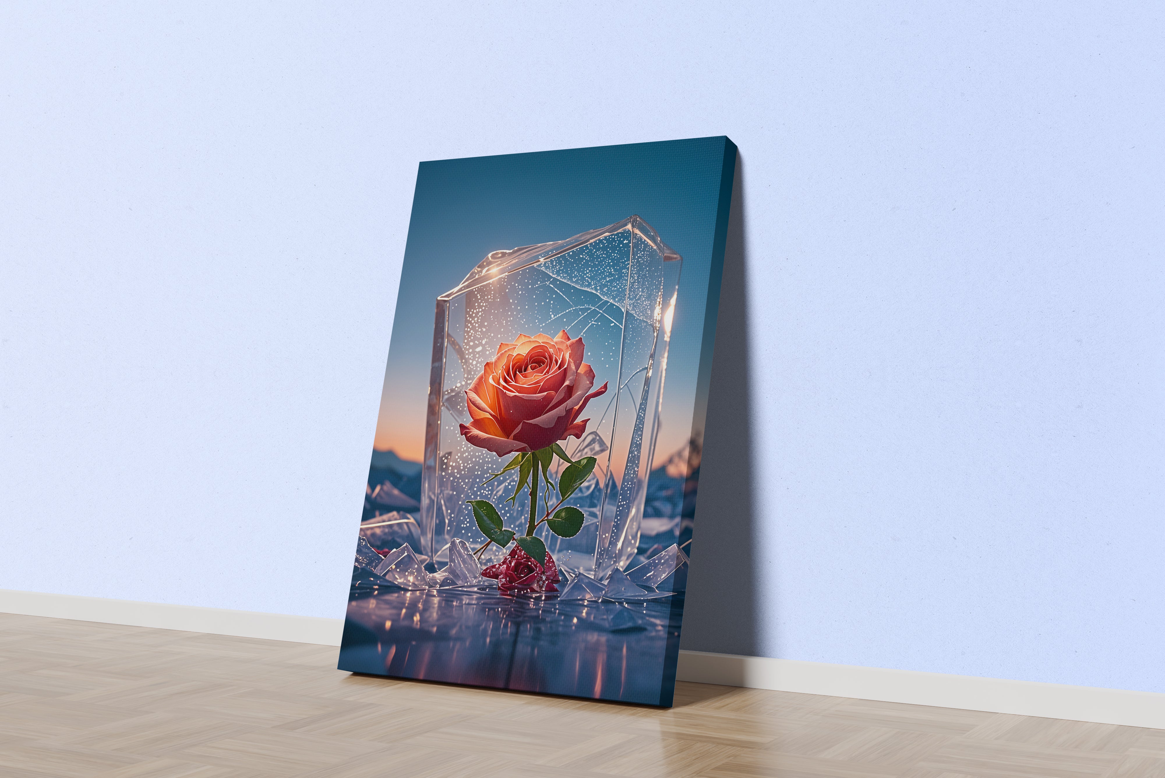 ai creation, red rose in crystal, frozen themed, ai art, art, kanvas tablo
