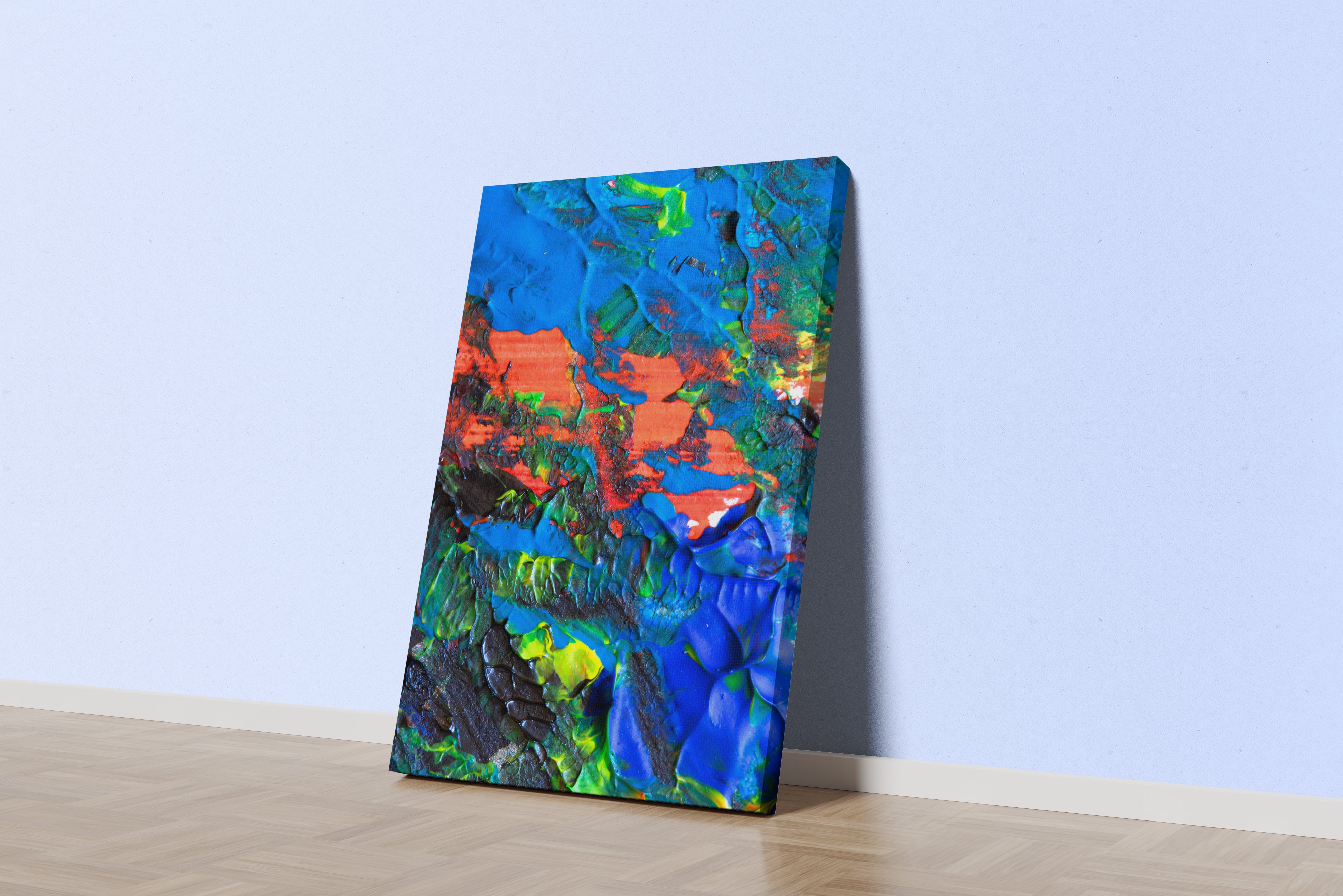 an extreme close-up of a heavily textured painting with vibrant blue and orange colors, abstract, art, kanvas tablo