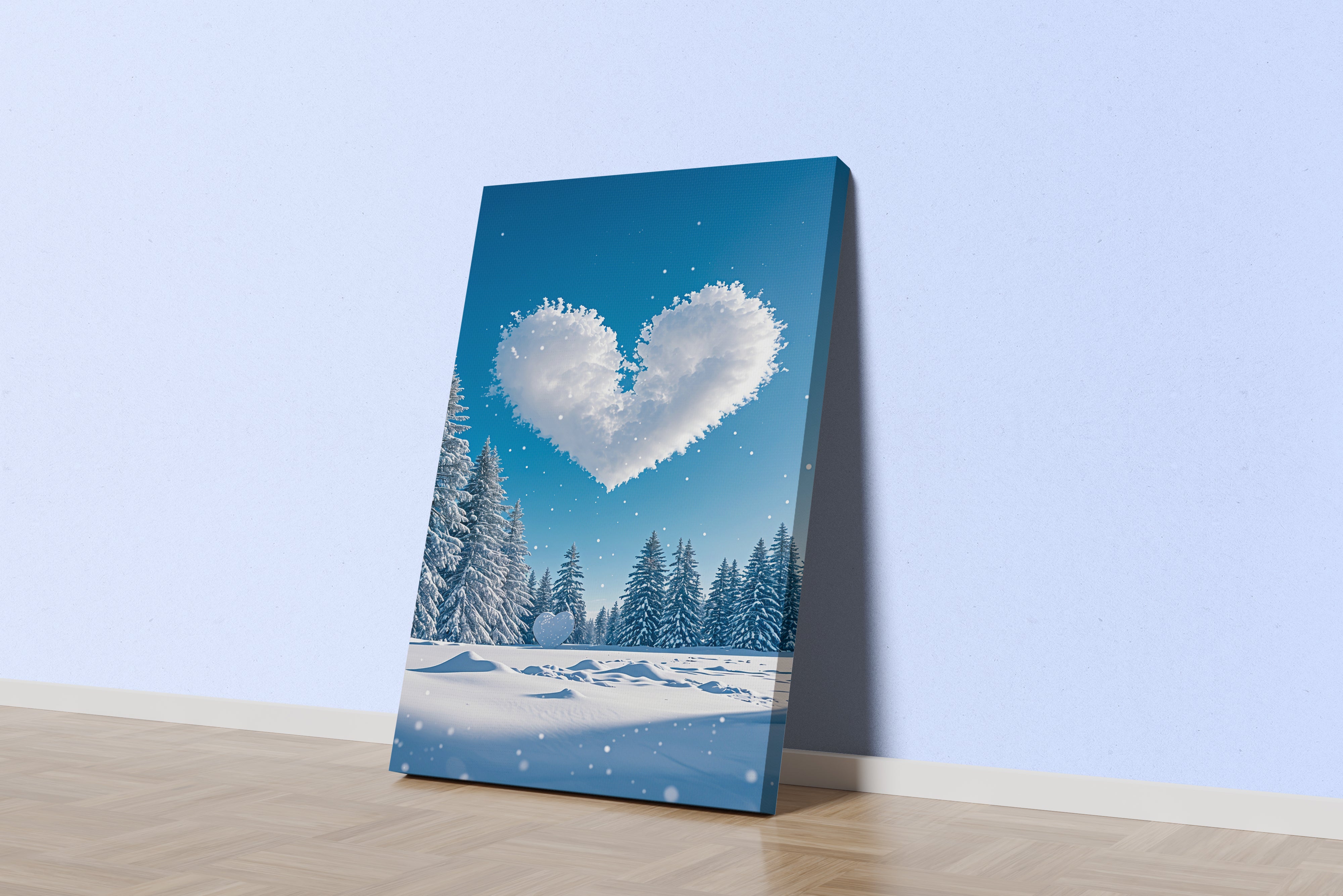 ai creation, heart formed by clouds, snow themed, ai art, art, kanvas tablo