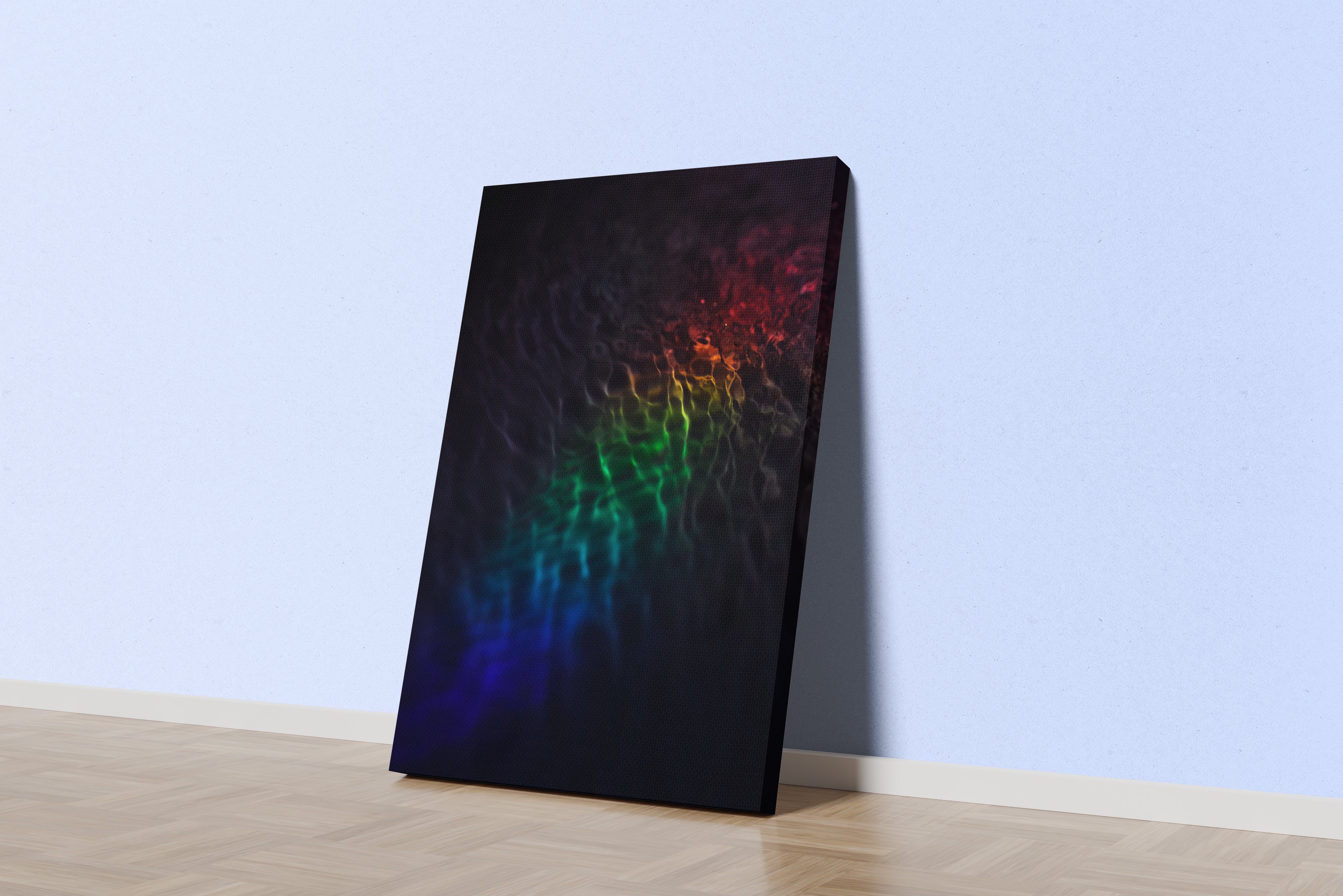 a subtle and dark photograph of rainbow-colored light refracting on gentle water ripples, abstract, art, kanvas tablo