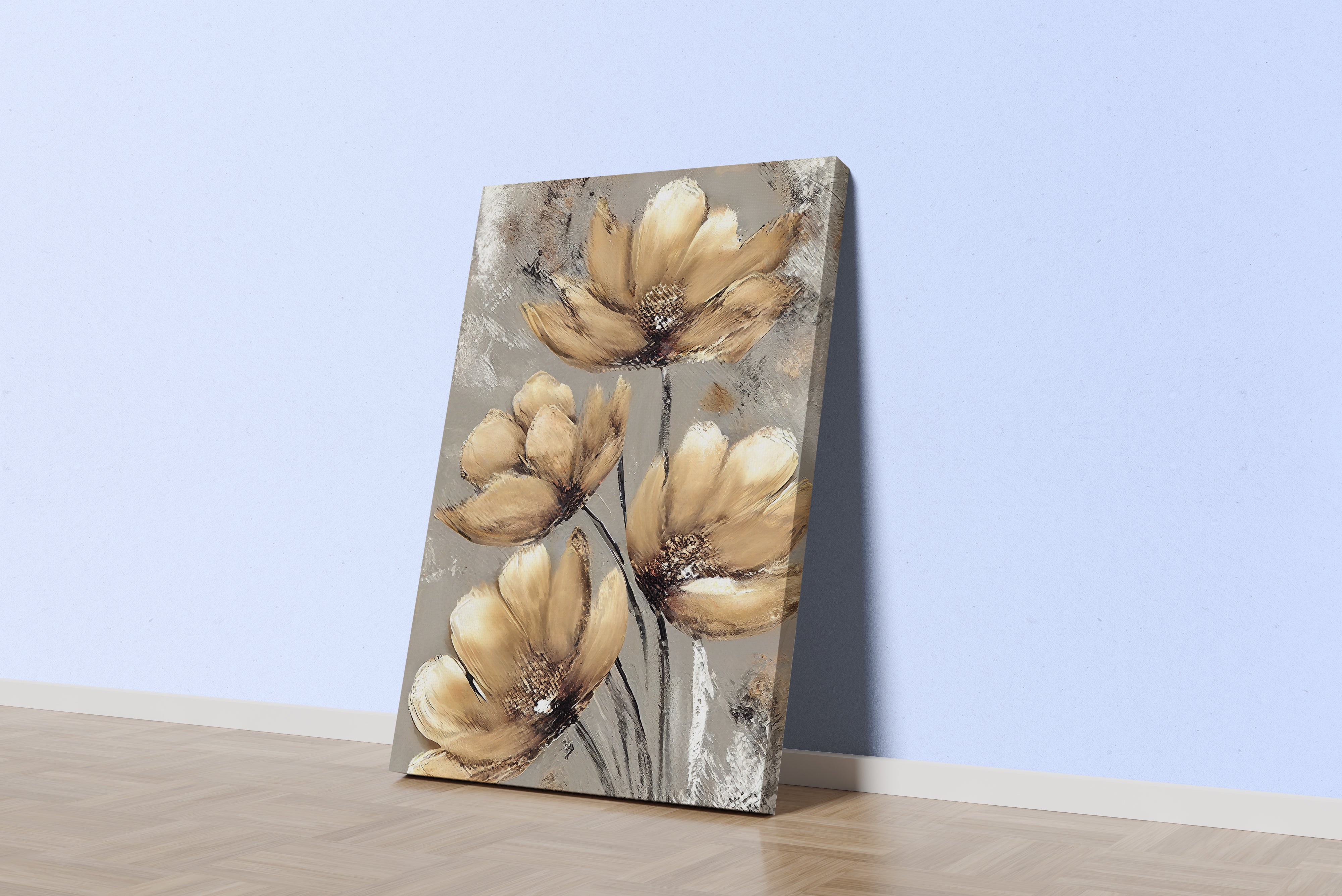 a palette knife painting of elegant golden-brown flowers with a heavy texture, art, kanvas tablo