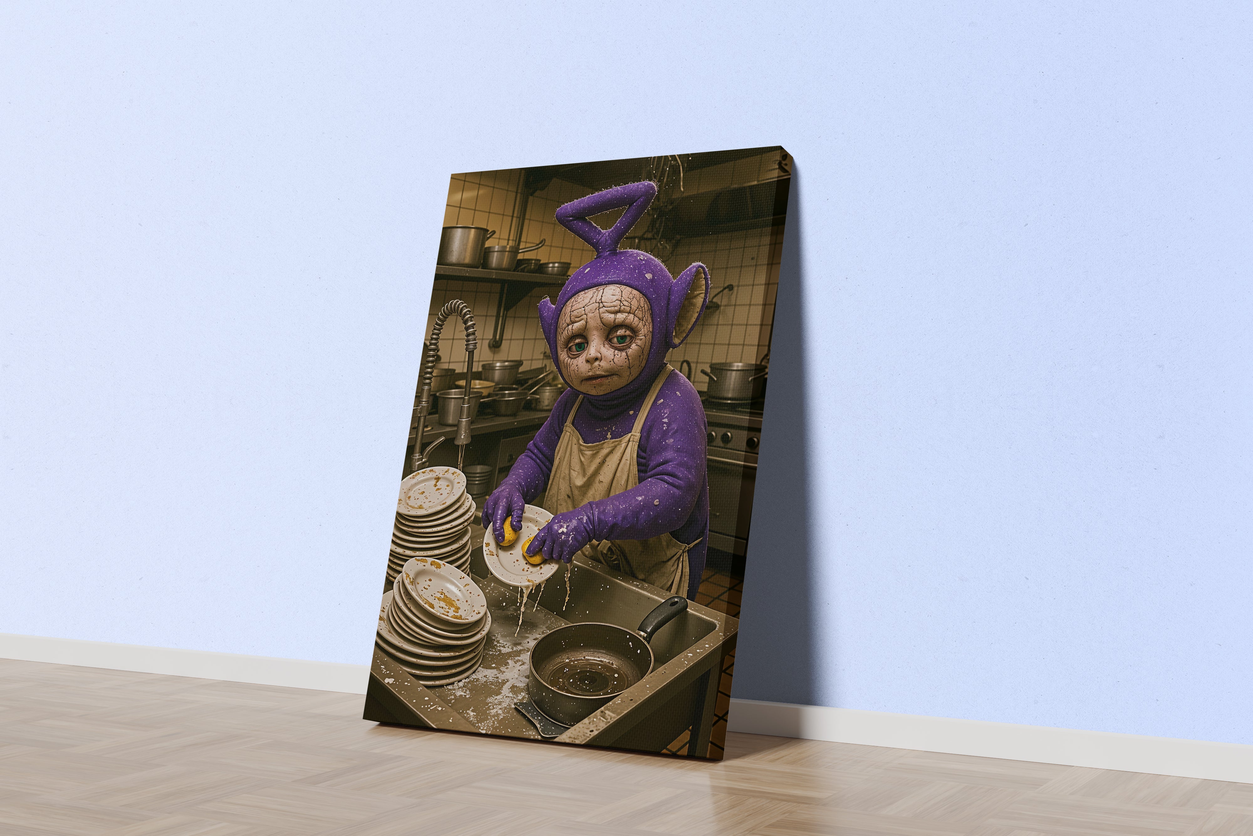 ai creation, dishwashing teletubbies model 1, ai art, art, kanvas tablo