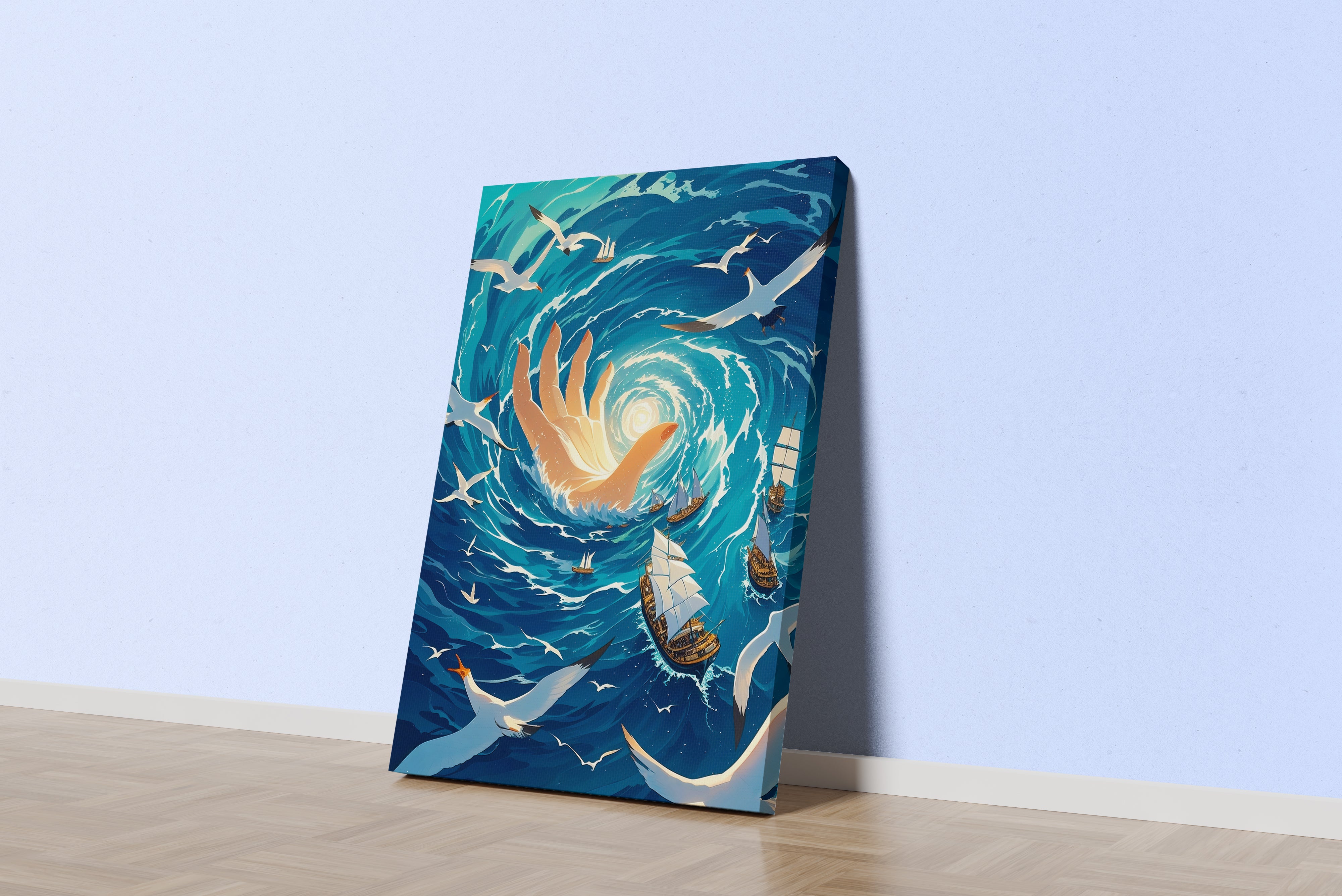 ai creation, a giant glowing hand creating a whirlpool in the sea with ships, ai art, art, kanvas tablo