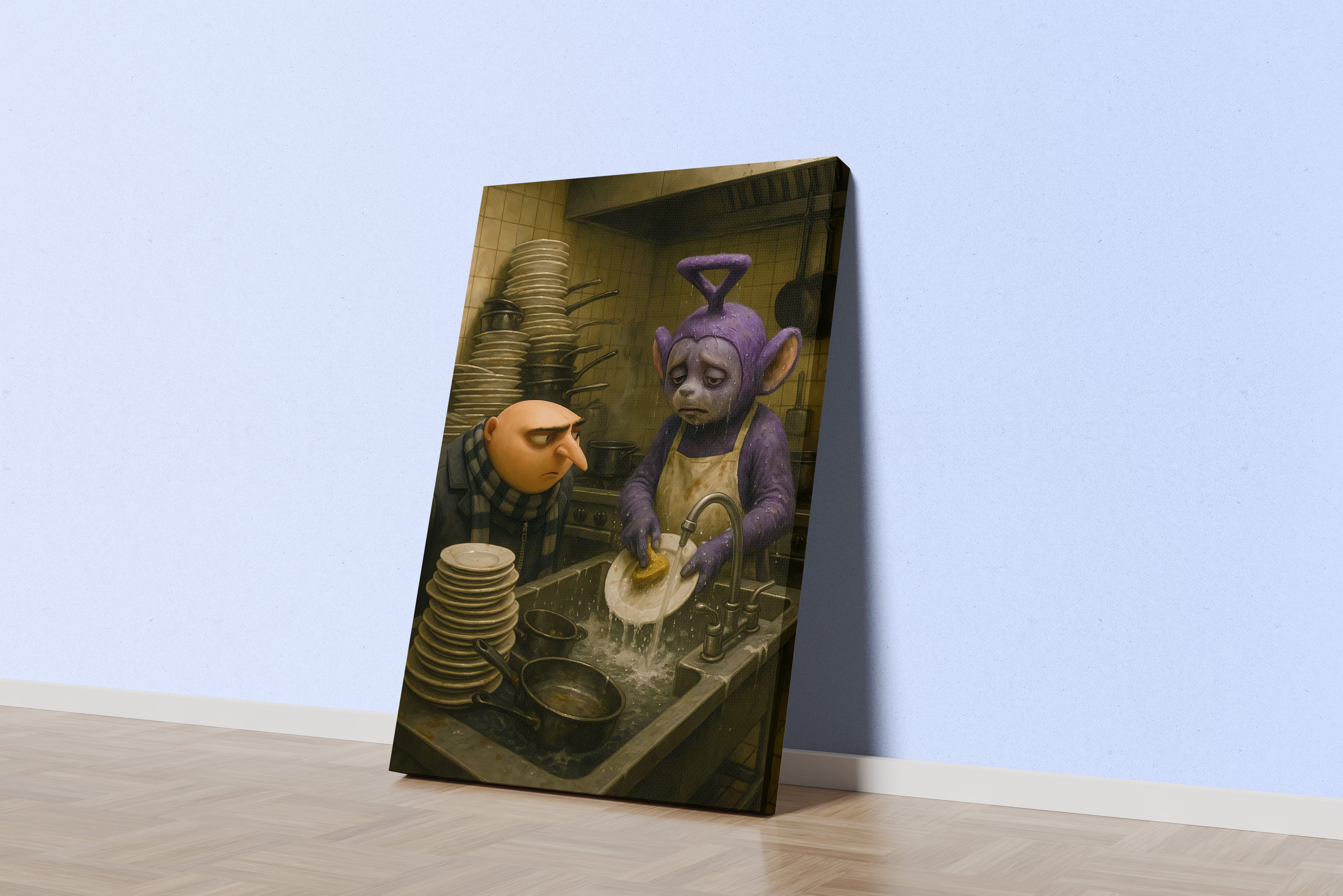 ai creation, dishwashing teletubbies model 2, ai art, art, kanvas tablo