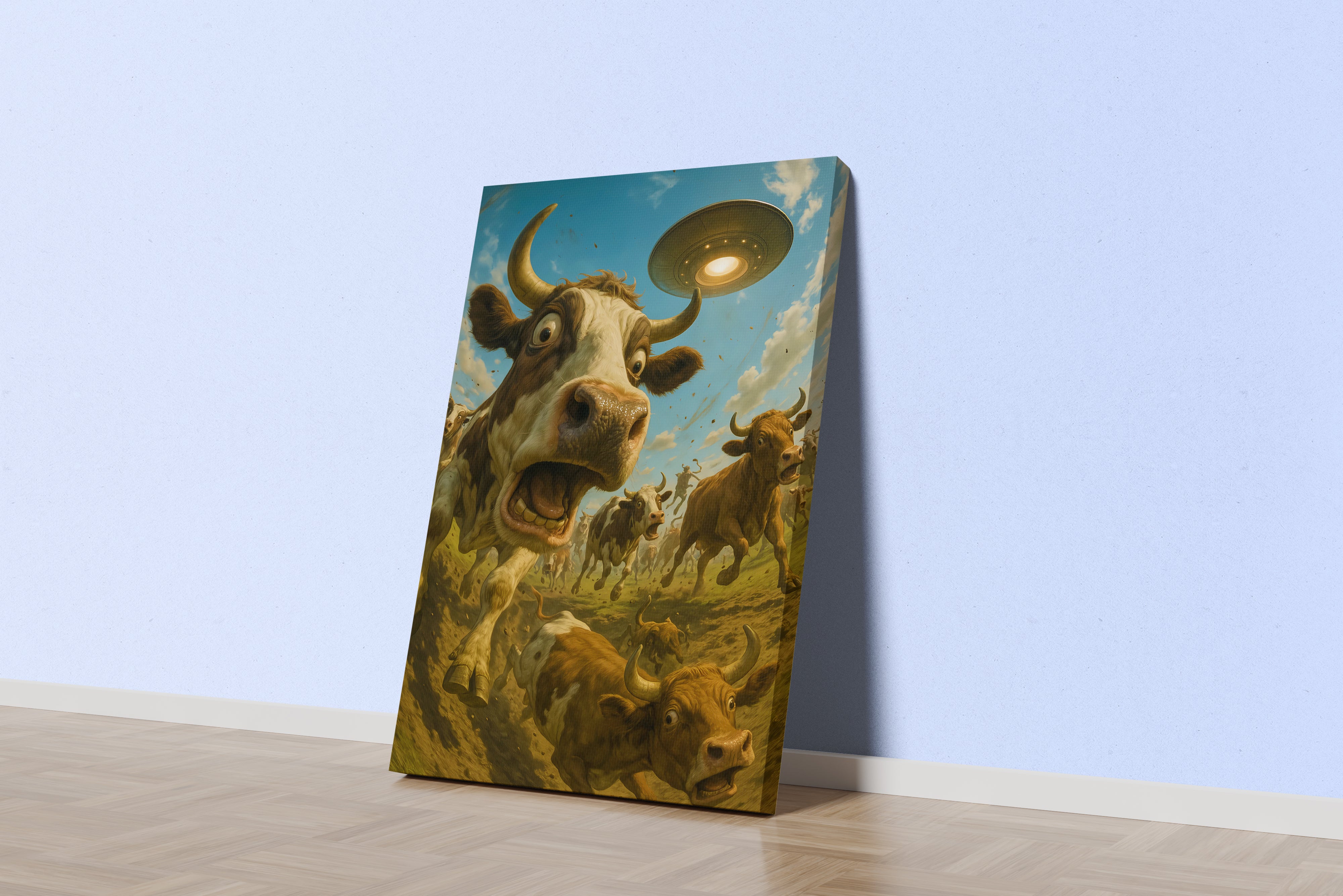 ai creation, cows escaping alien attack, ai art, art, kanvas tablo