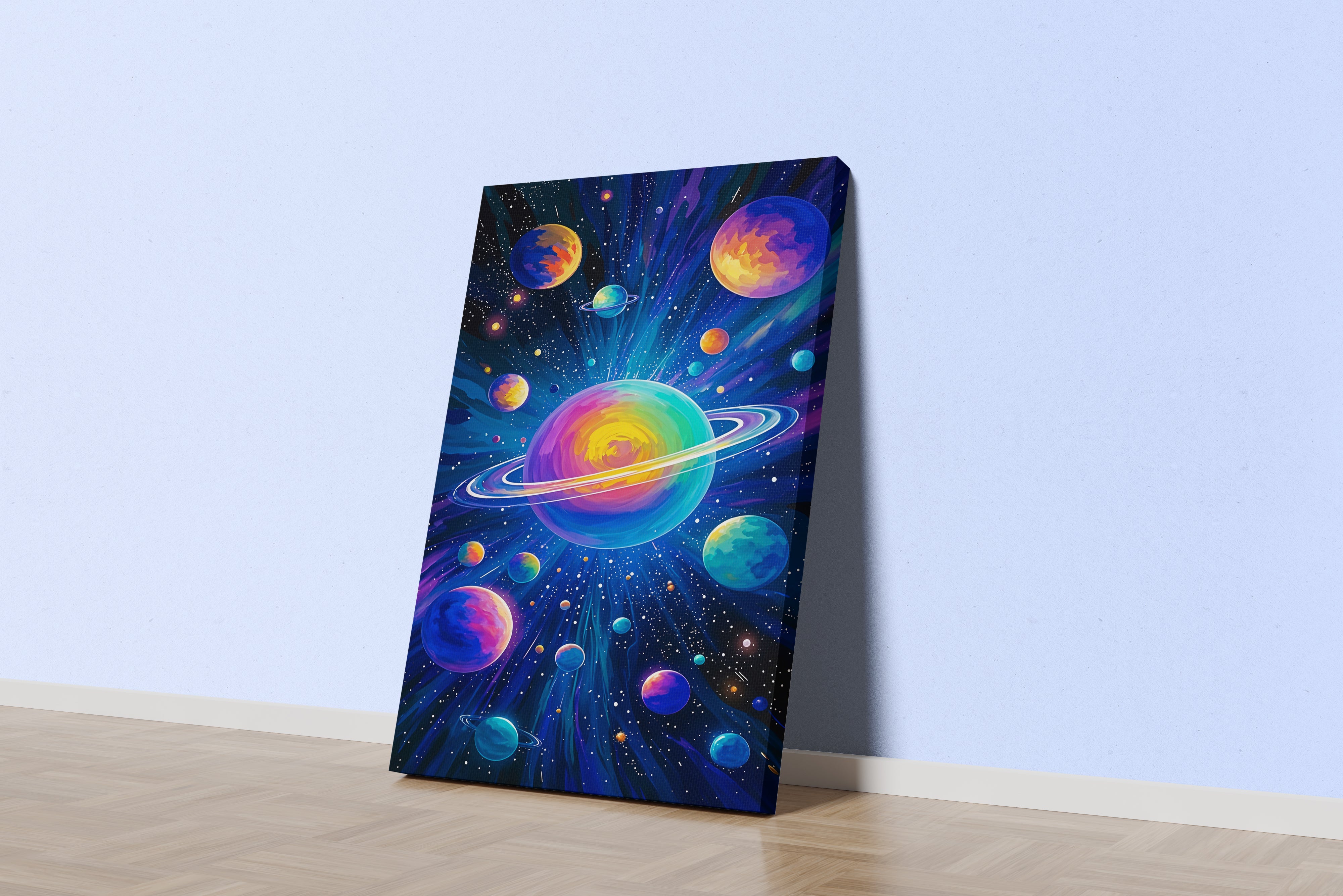 ai creation, saturn and the other colorful planets in its orbit model 2, ai art, art, kanvas tablo