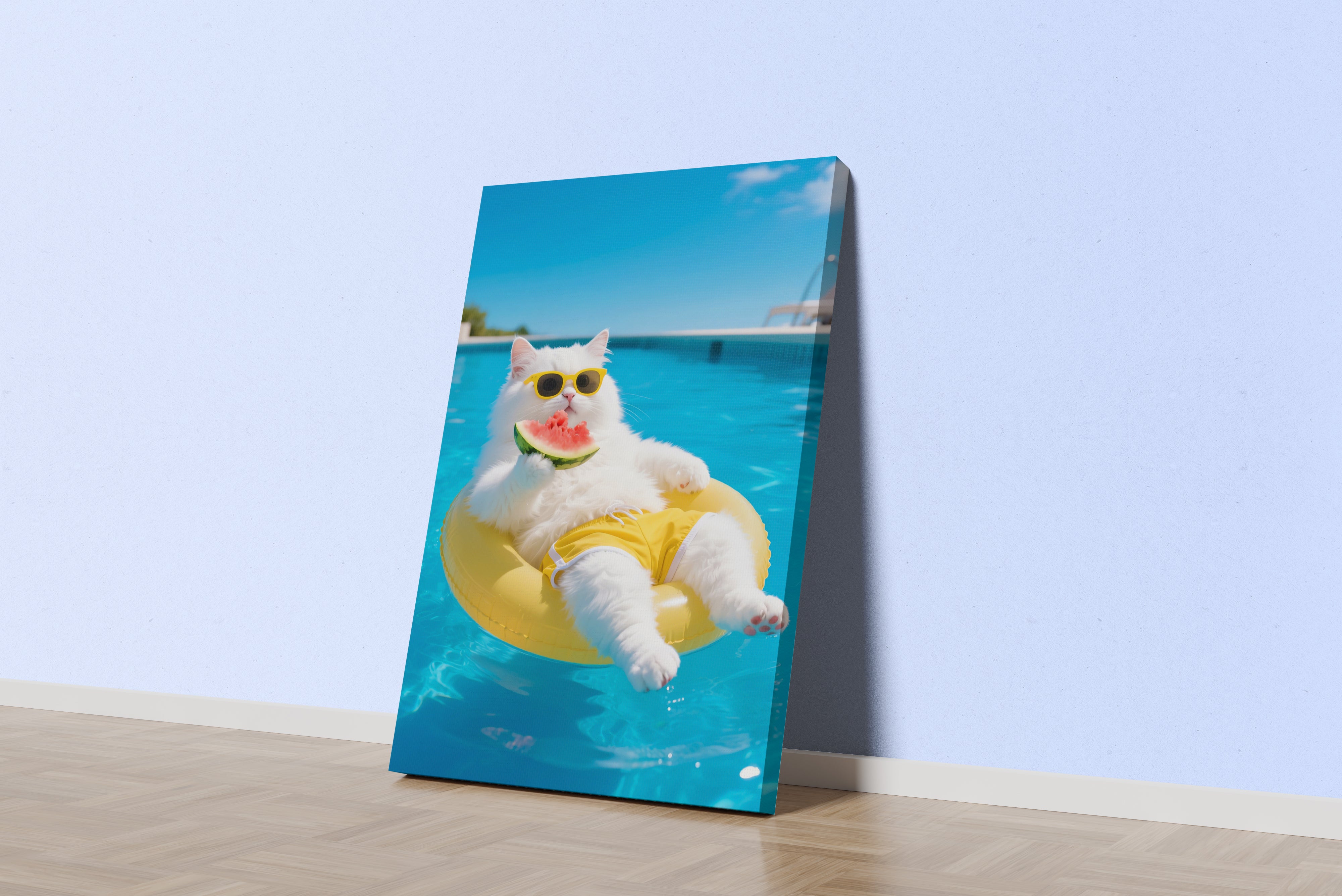 ai creation, cat swimming while eating watermelon, pet, ai art, art, kanvas tablo