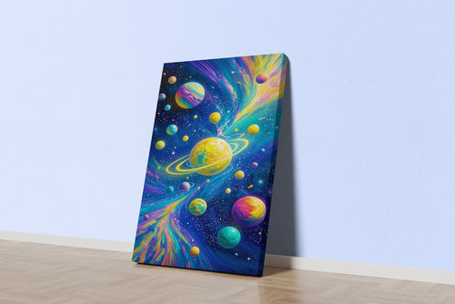 ai creation, saturn and the other colorful planets in its orbit model 1, ai art, art, kanvas tablo