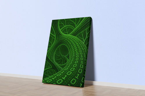 Teknolojik Ağ ve Dijital Doğa Temalı Yeşil Binary Kodlu Soyut Kanvas Tablo
