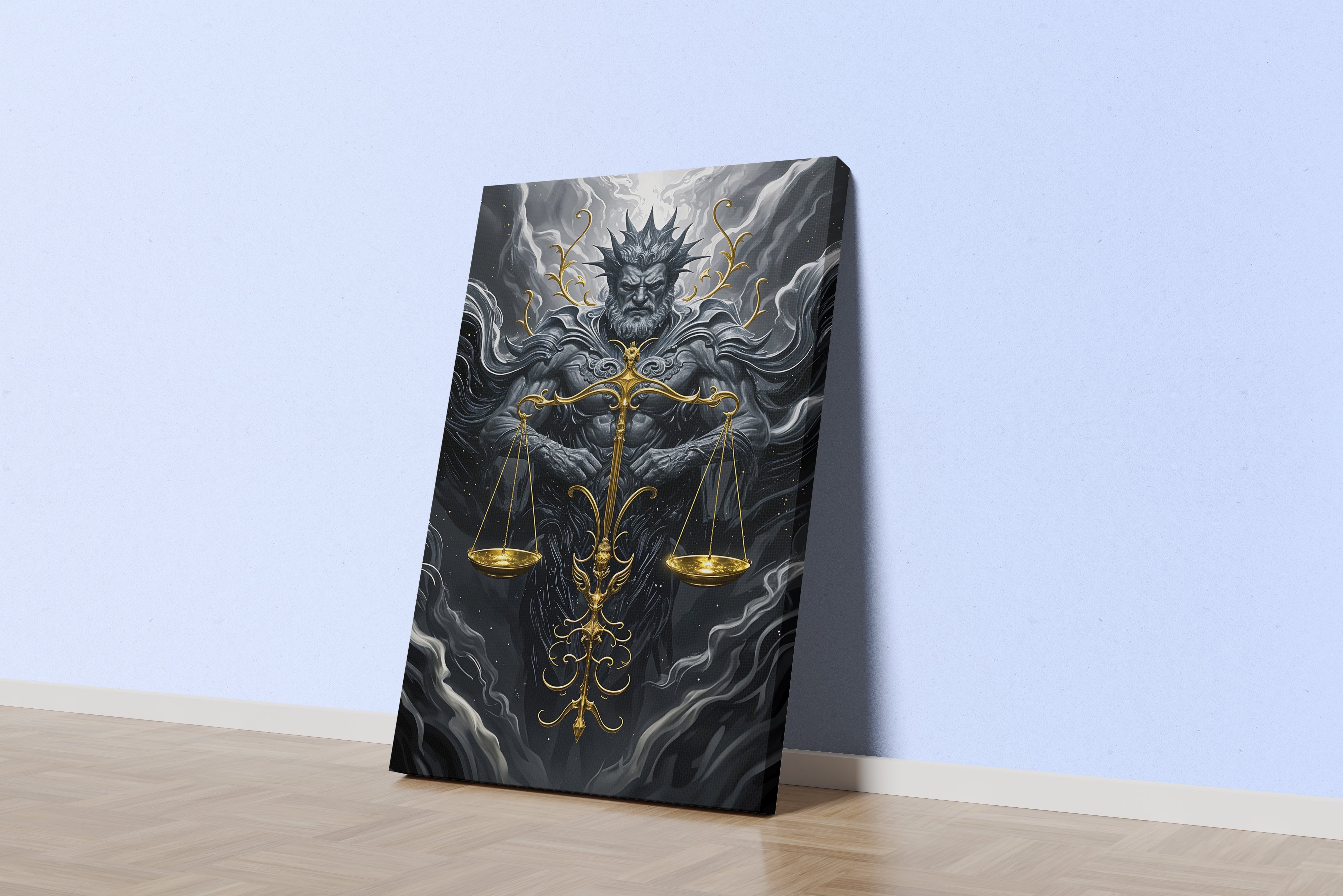 ai creation, an epic god of justice with a stone body and golden scales, ai art, art, kanvas tablo