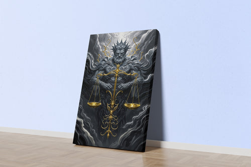 ai creation, an epic god of justice with a stone body and golden scales, ai art, art, kanvas tablo