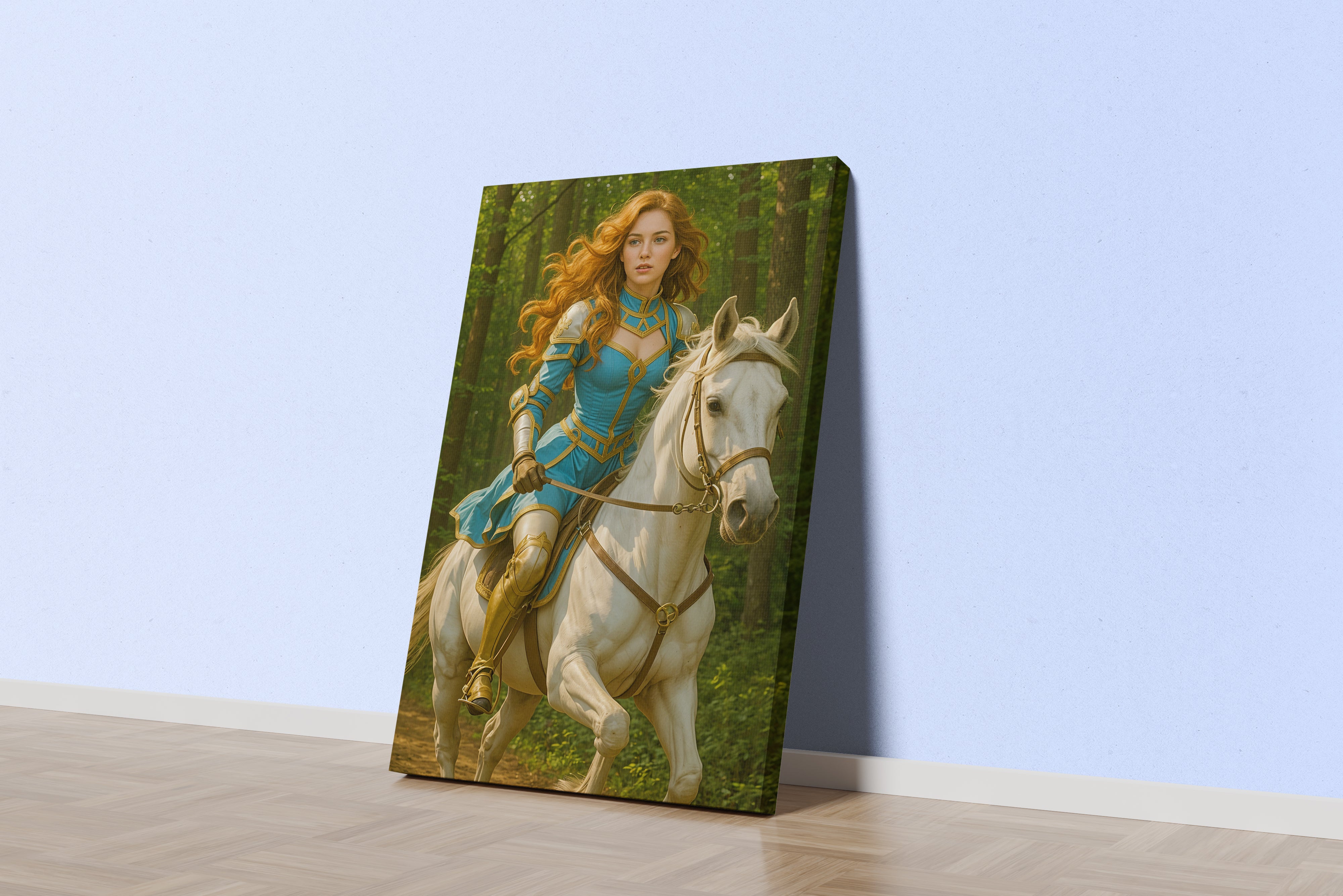 ai creation, horse riding queen forest themed, ai art, art, kanvas tablo