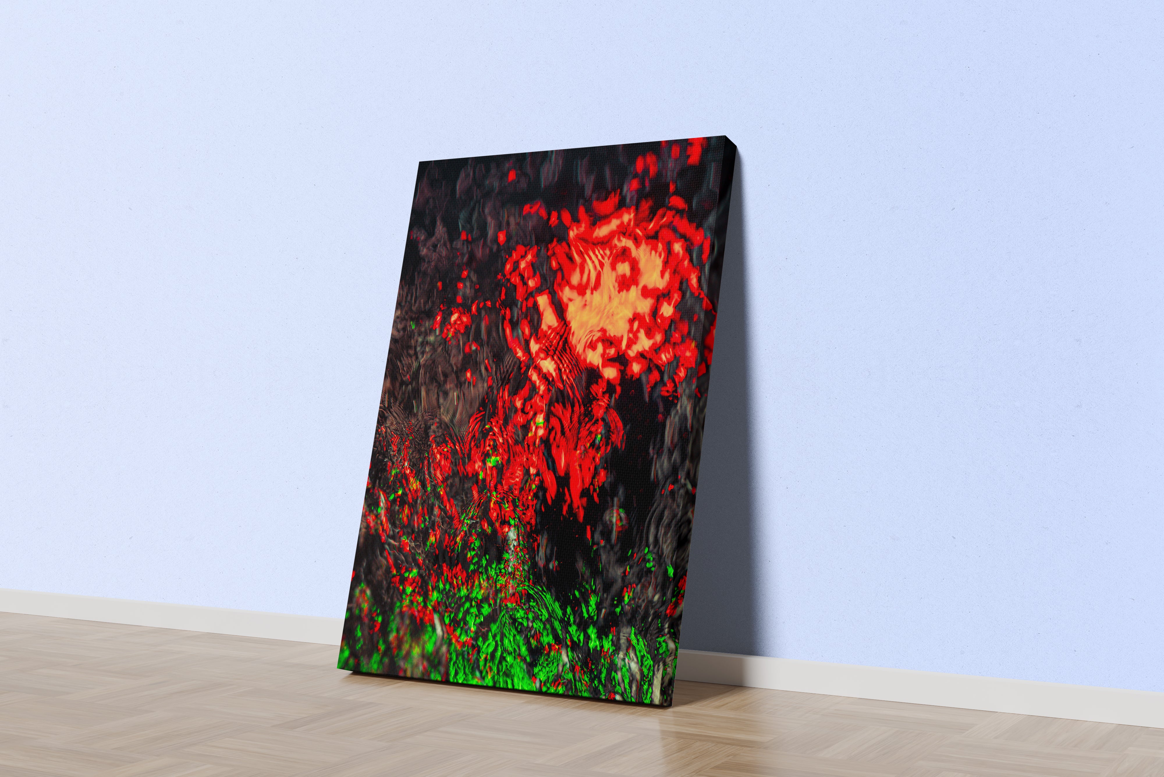 an abstract photo of bright red and green lights reflecting on dark, rippling water, abstract, art, kanvas tablo