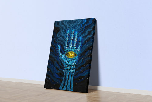 ai creation, the eye sign on the skeleton hand, art, kanvas tablo