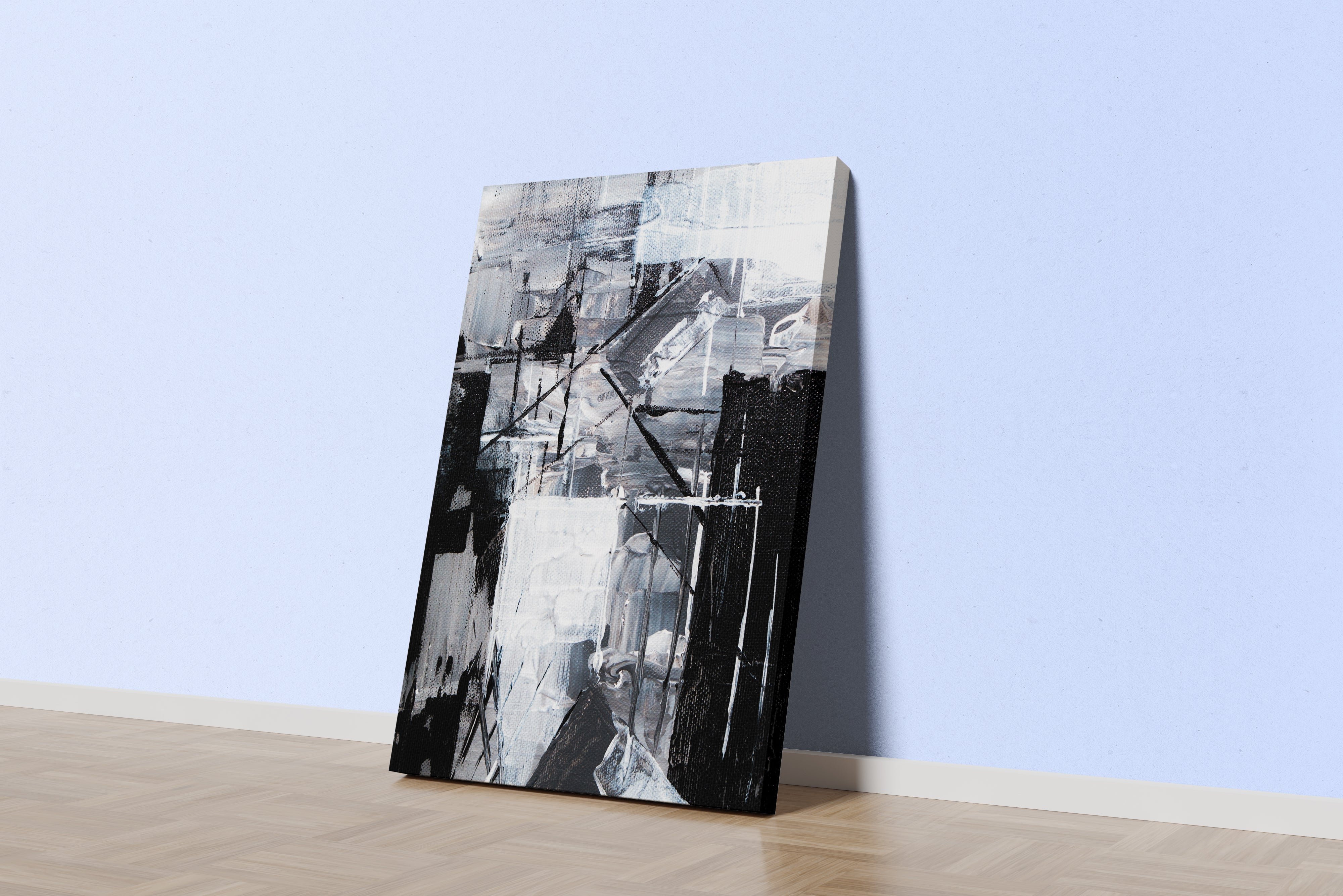 a monochromatic abstract painting featuring bold black and white shapes with heavy textures, abstract, art, kanvas tablo