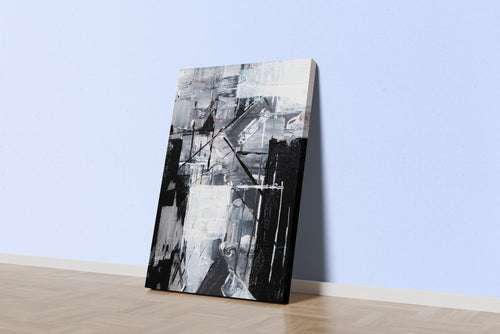 a monochromatic abstract painting featuring bold black and white shapes with heavy textures, abstract, art, kanvas tablo