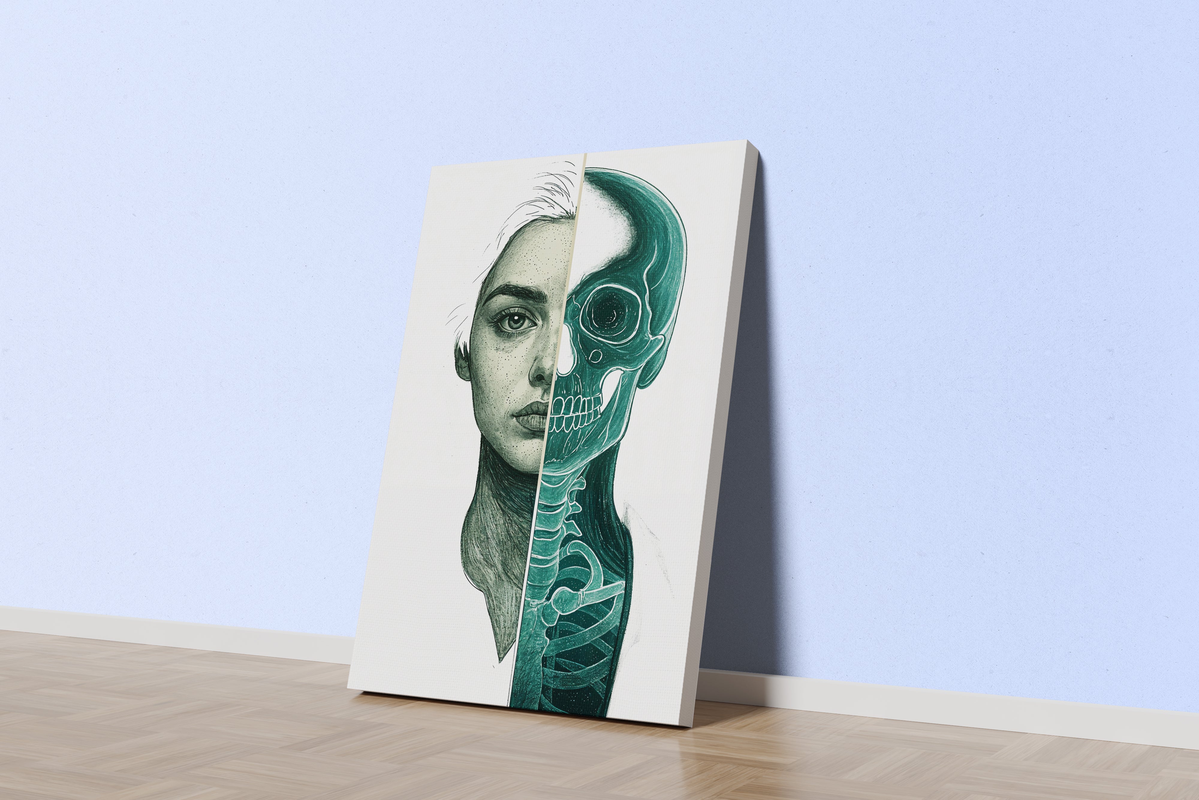 ai creation, split illustration of a woman's face showing the teal skeleton anatomy underneath, ai art, art, kanvas tablo