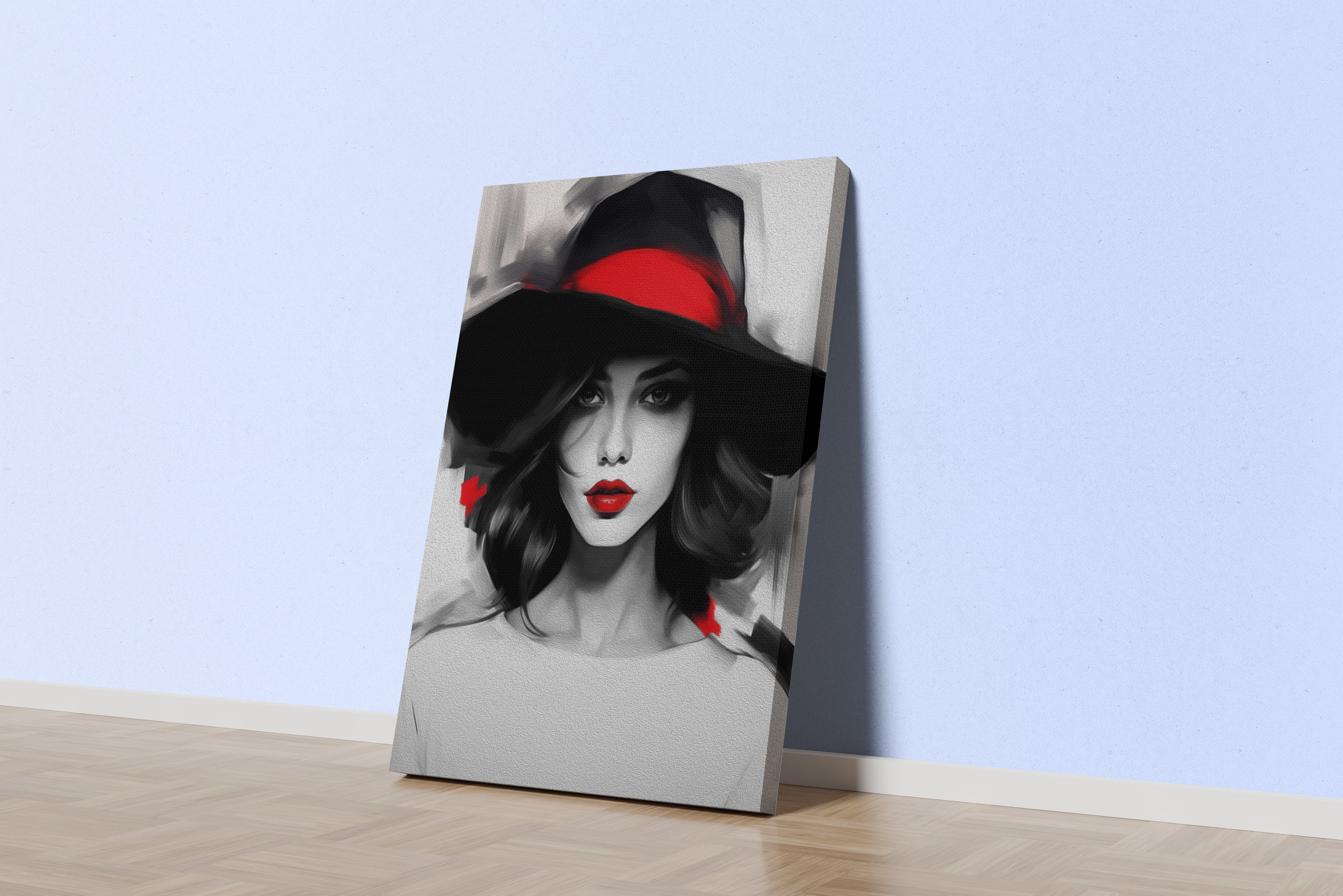 a black and white painting of a woman with selective red lips and hatband, art, kanvas tablo