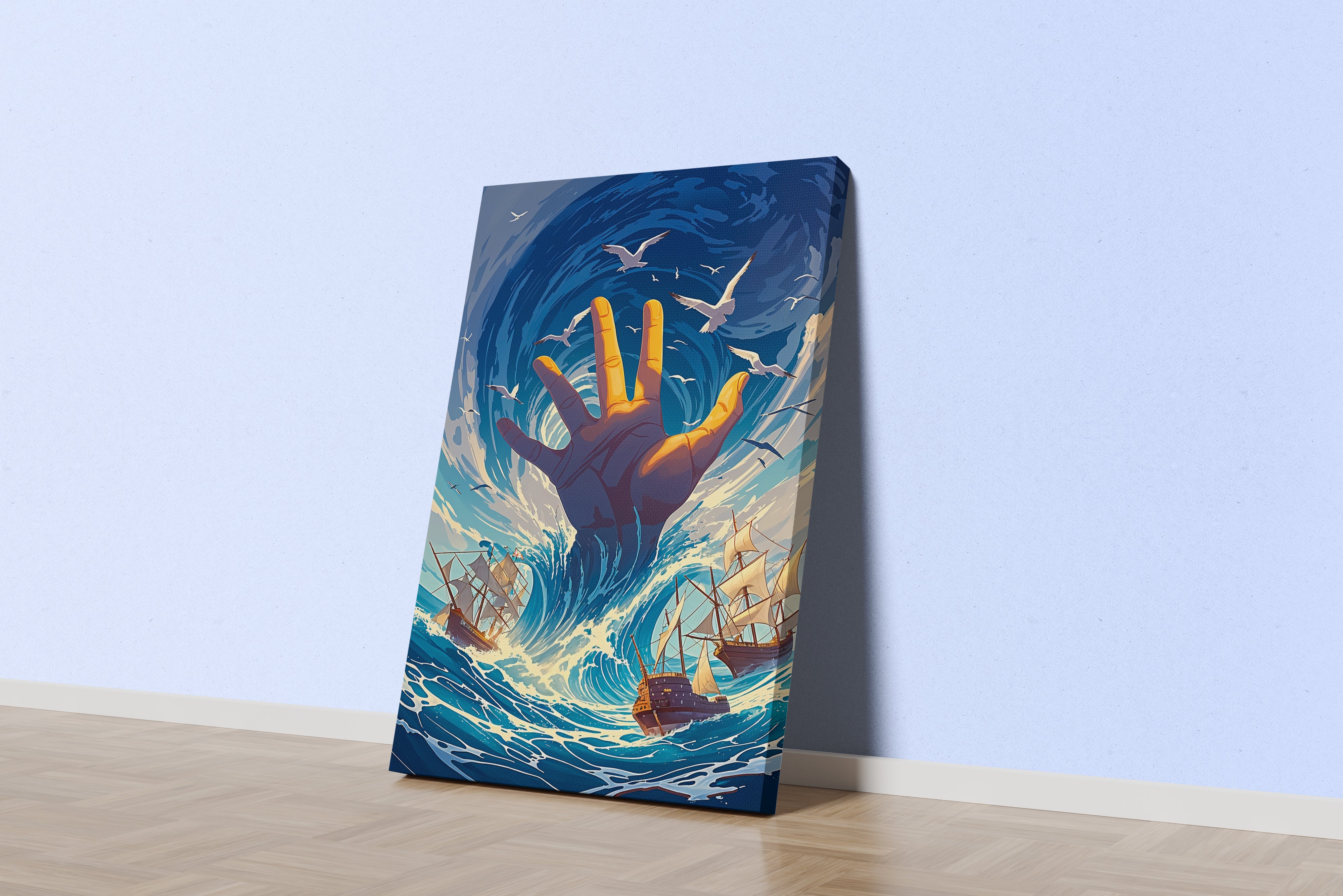 ai creation, a giant glowing golden hand rising from a turbulent sea of ships, ai art, art, kanvas tablo