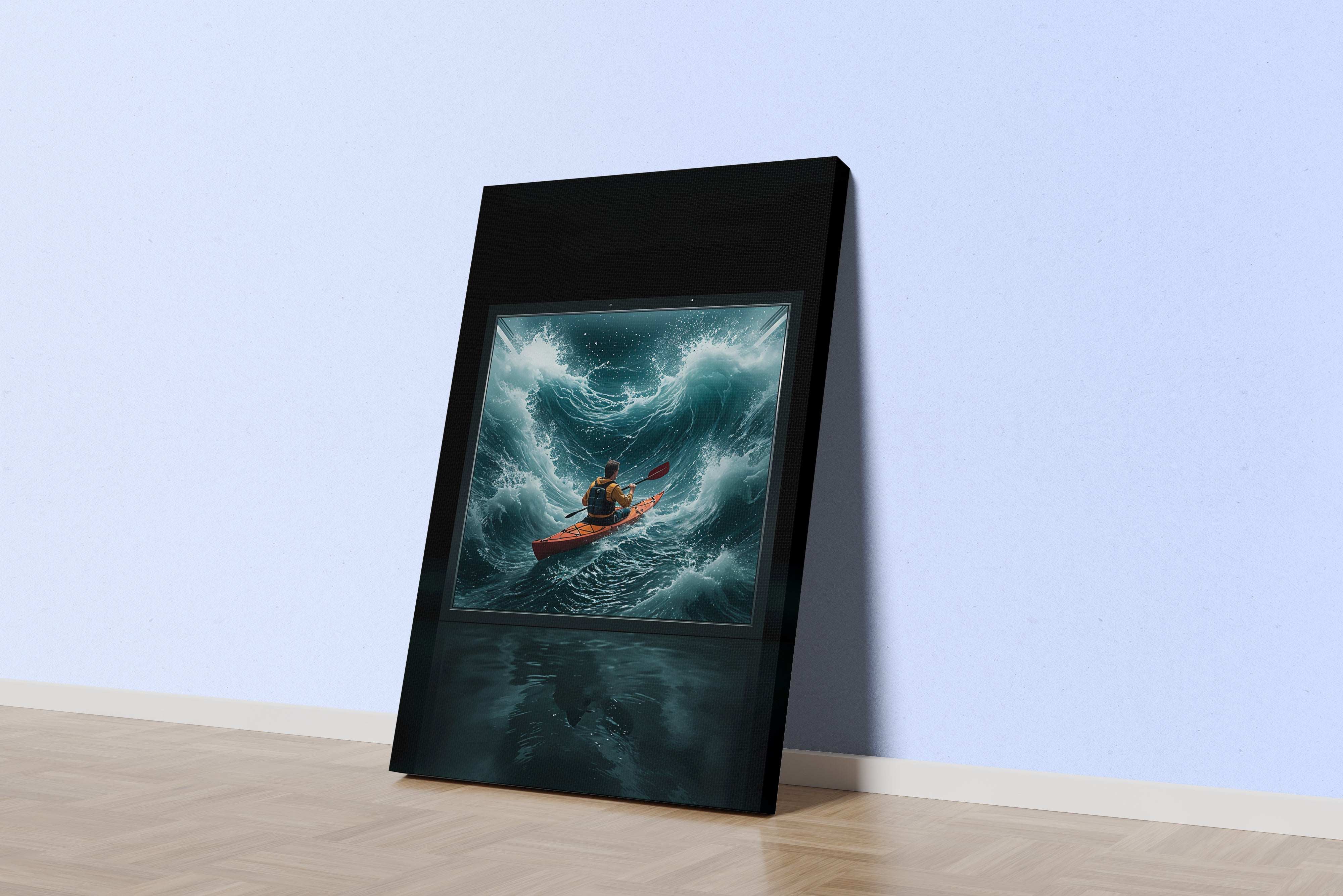ai creation, kayaker battling huge stormy waves, coming out of a screen, ai art, art, kanvas tablo