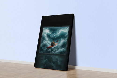 ai creation, kayaker battling huge stormy waves, coming out of a screen, ai art, art, kanvas tablo