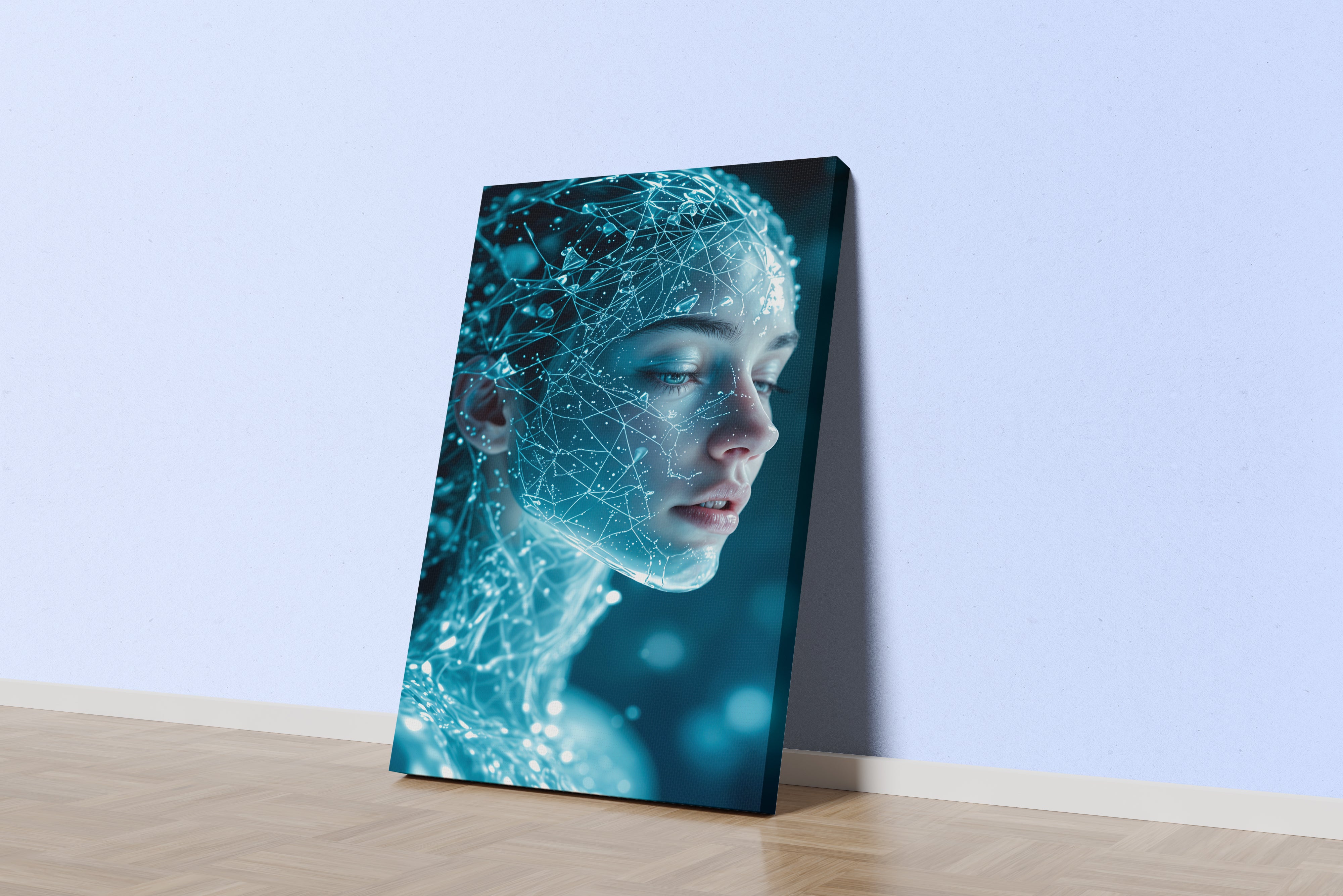 ai creation, a futuristic woman's face made of a glowing blue digital neural network, ai art, art, kanvas tablo