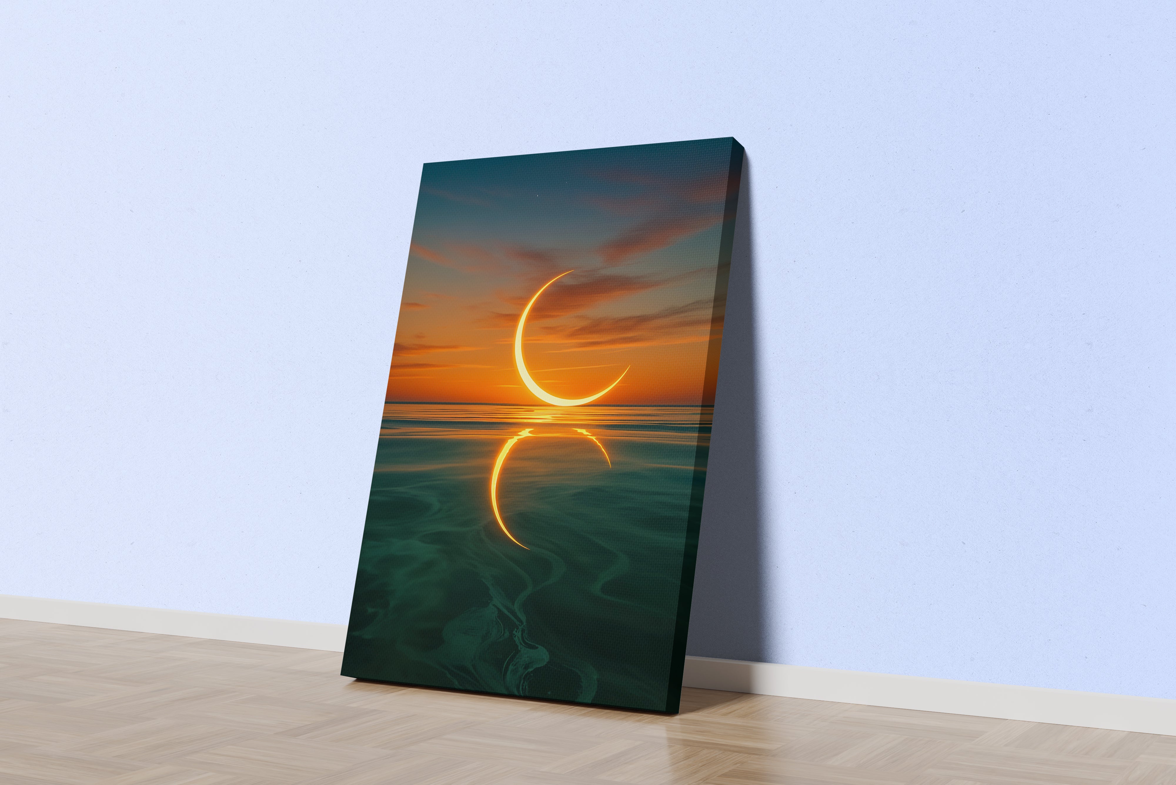 ai creation, the moon reflected in the sea at sunset, ai art, art, kanvas tablo