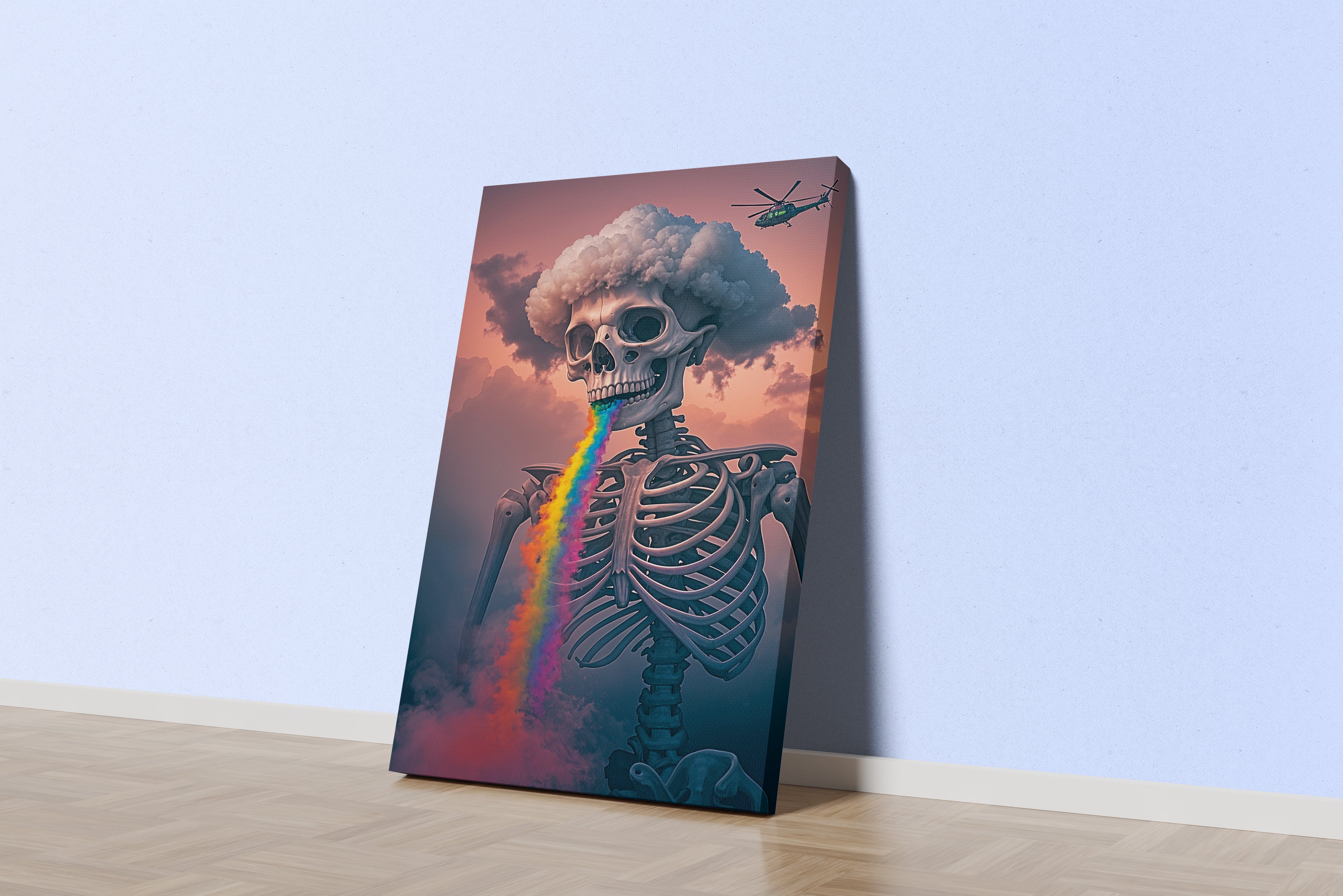 ai creation, skeletor with rainbow colored lava pouring from its mouth, ai art, art, kanvas tablo