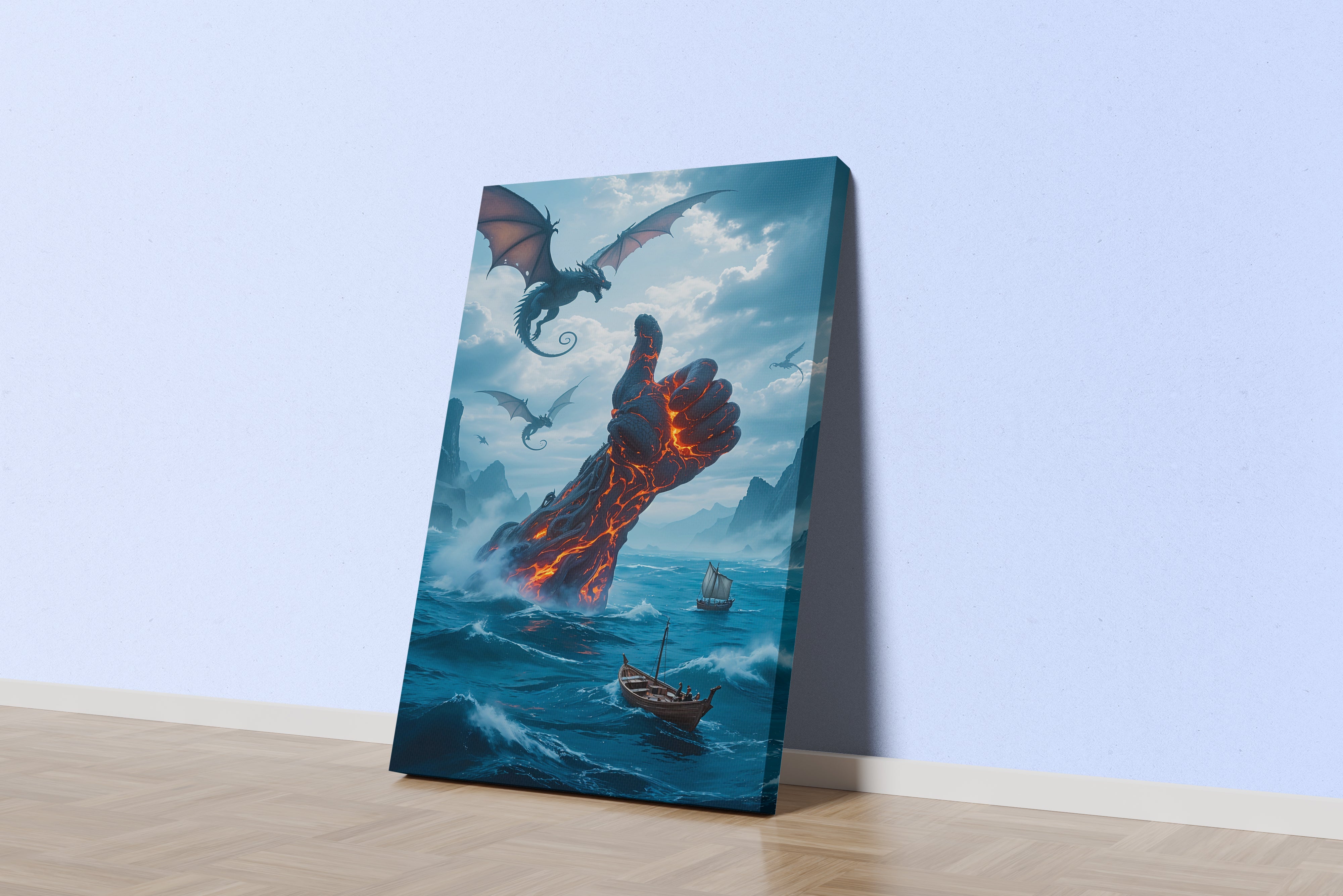 ai creation, a giant lava hand giving a thumbs up in a sea of dragons, ai art, art, kanvas tablo