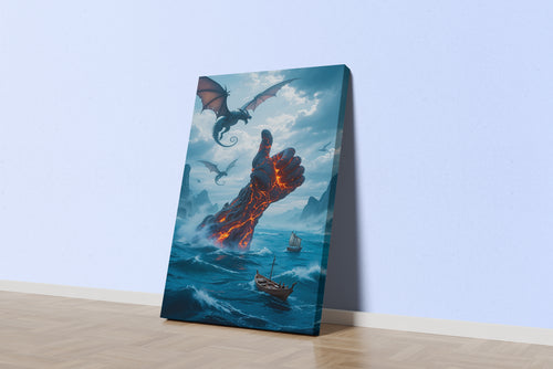 ai creation, a giant lava hand giving a thumbs up in a sea of dragons, ai art, art, kanvas tablo